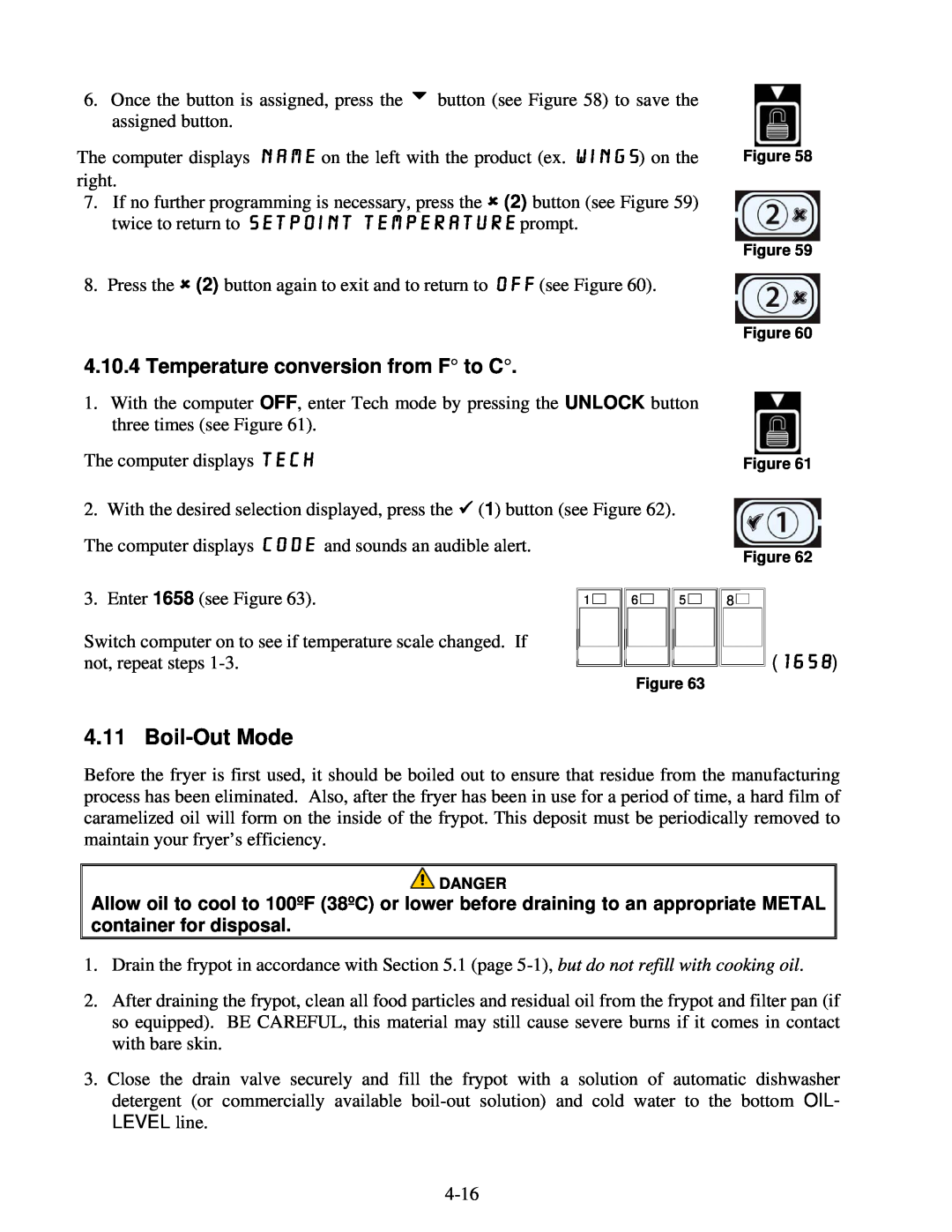 Frymaster 8196339 operation manual Boil-Out Mode, Temperature conversion from F to C, 1658 