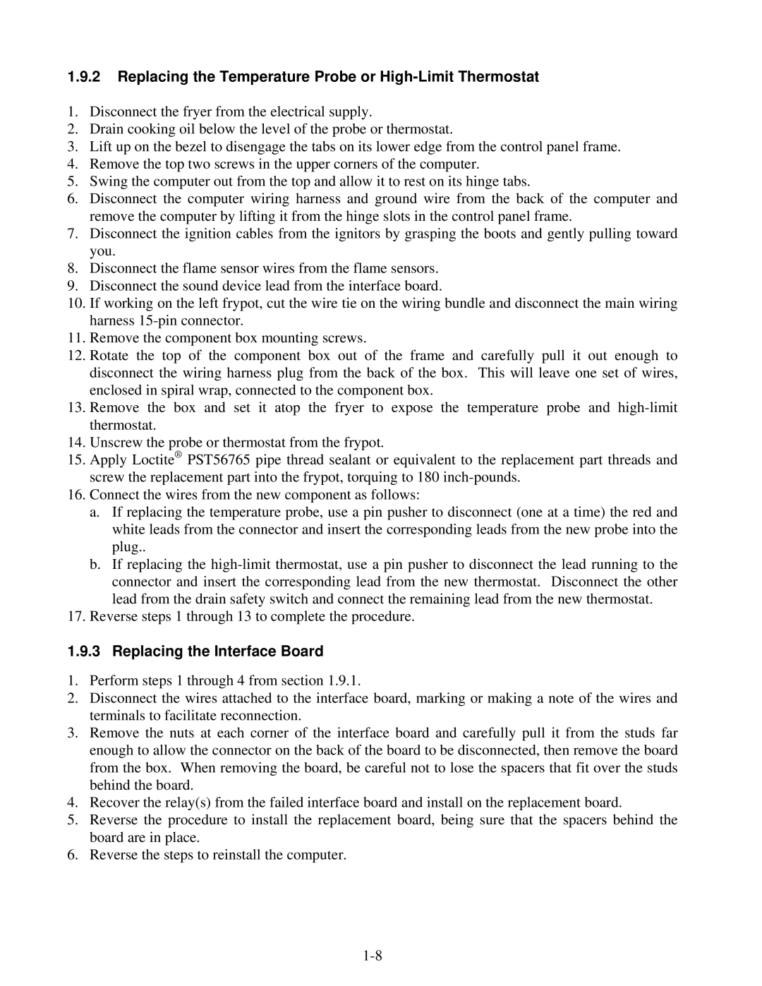 Frymaster 8196345 manual Replacing the Temperature Probe or High-Limit Thermostat, Replacing the Interface Board 