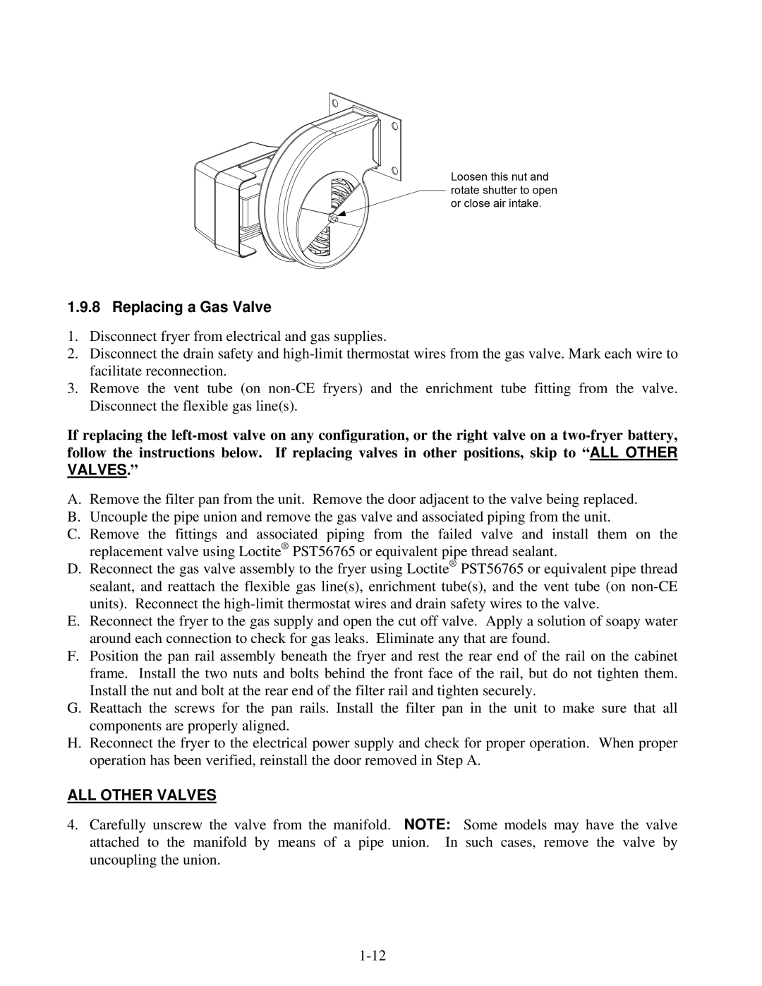 Frymaster 8196345 manual Replacing a Gas Valve, ALL Other Valves 