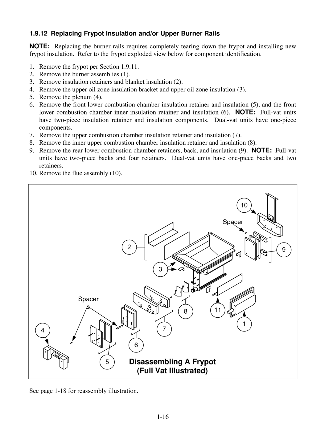 Frymaster 8196345 manual Full Vat Illustrated, Replacing Frypot Insulation and/or Upper Burner Rails 