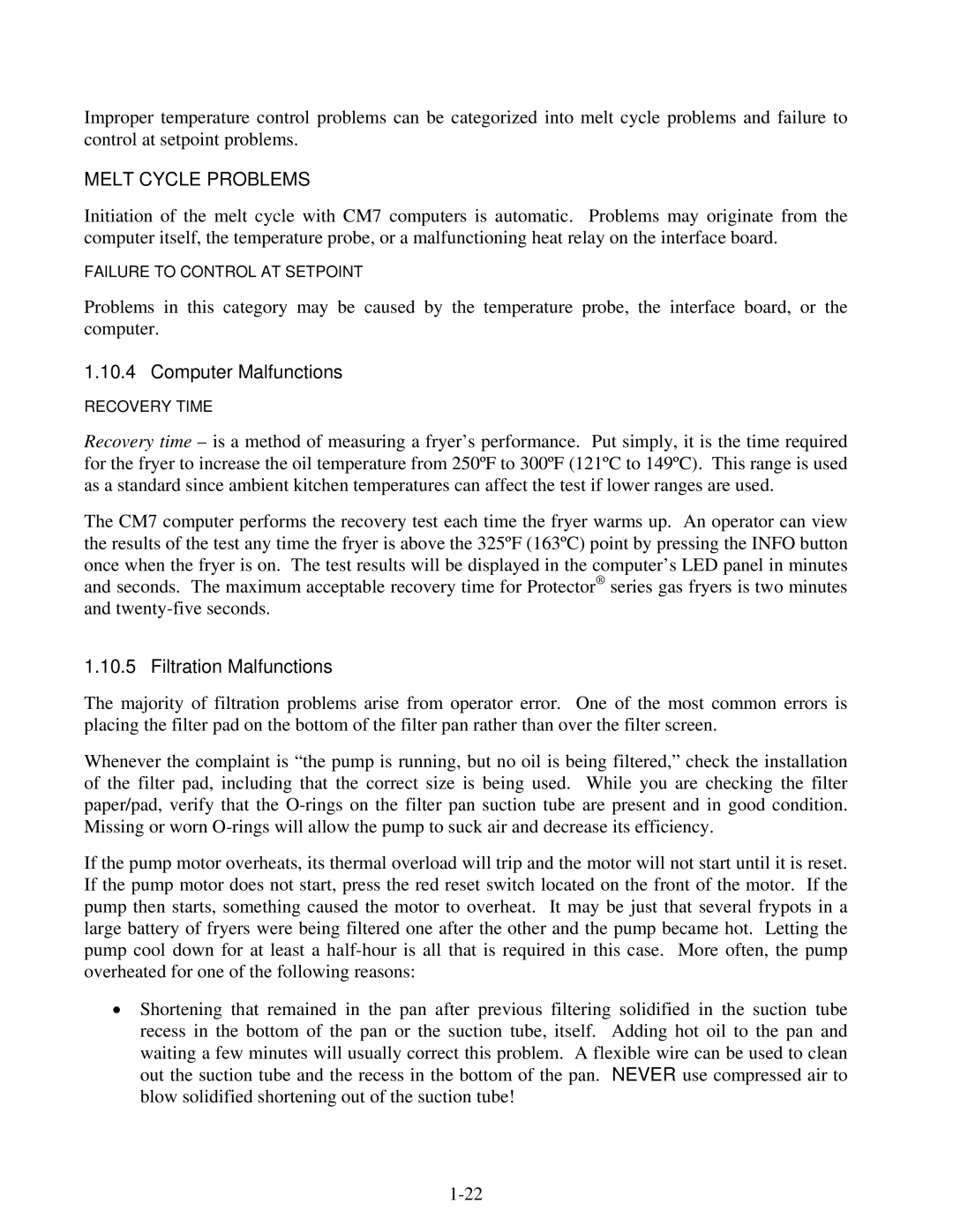 Frymaster 8196345 manual Computer Malfunctions, Filtration Malfunctions 