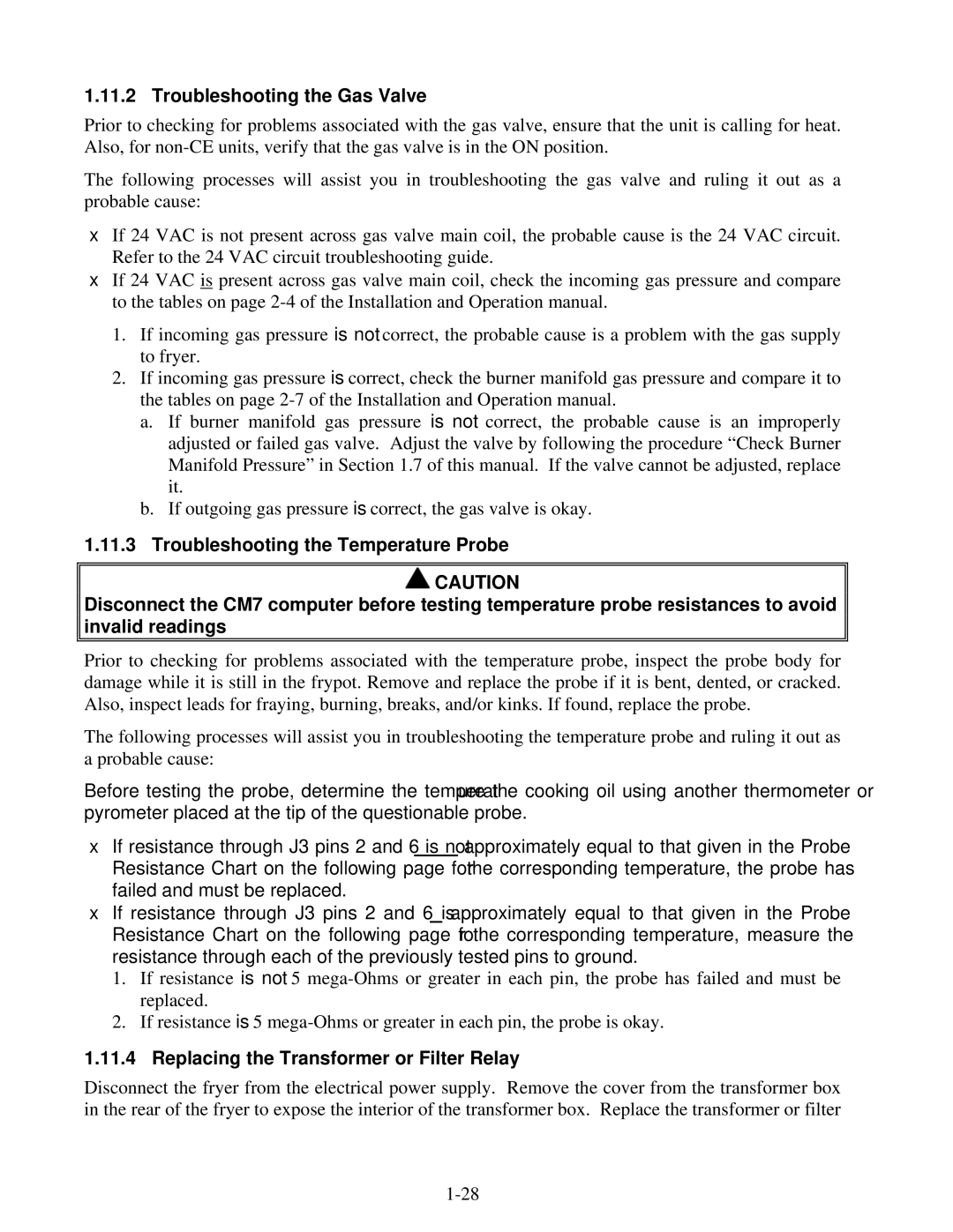 Frymaster 8196345 manual Troubleshooting the Gas Valve, Replacing the Transformer or Filter Relay 