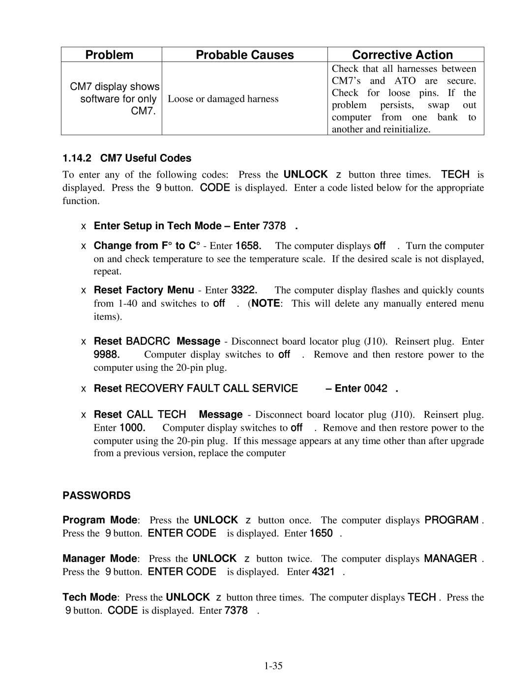 Frymaster 8196345 manual 14.2 CM7 Useful Codes, Enter Setup in Tech Mode Enter, Reset Recovery Fault Call Service Enter 