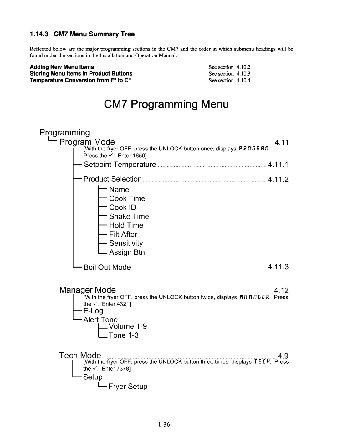 Frymaster 8196345 manual 1.14.3 CM7 Menu Summary Tree, See section, 4.10.2, 4.10.3, 4.10.4 
