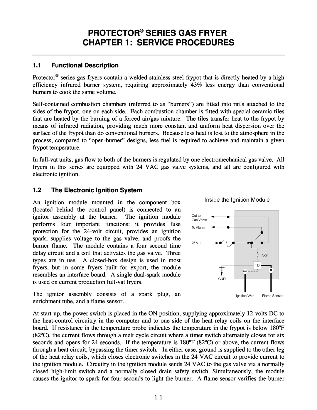 Frymaster 8196345 manual Protector Series Gas Fryer, Service Procedures, 1.1Functional Description 