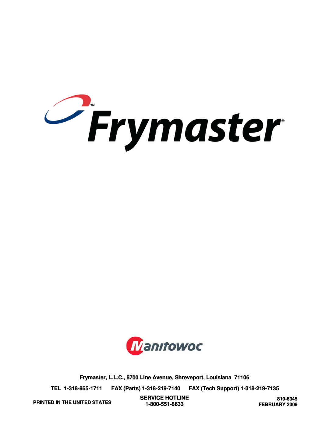 Frymaster 8196345 manual Service Hotline, 819-6345, February 