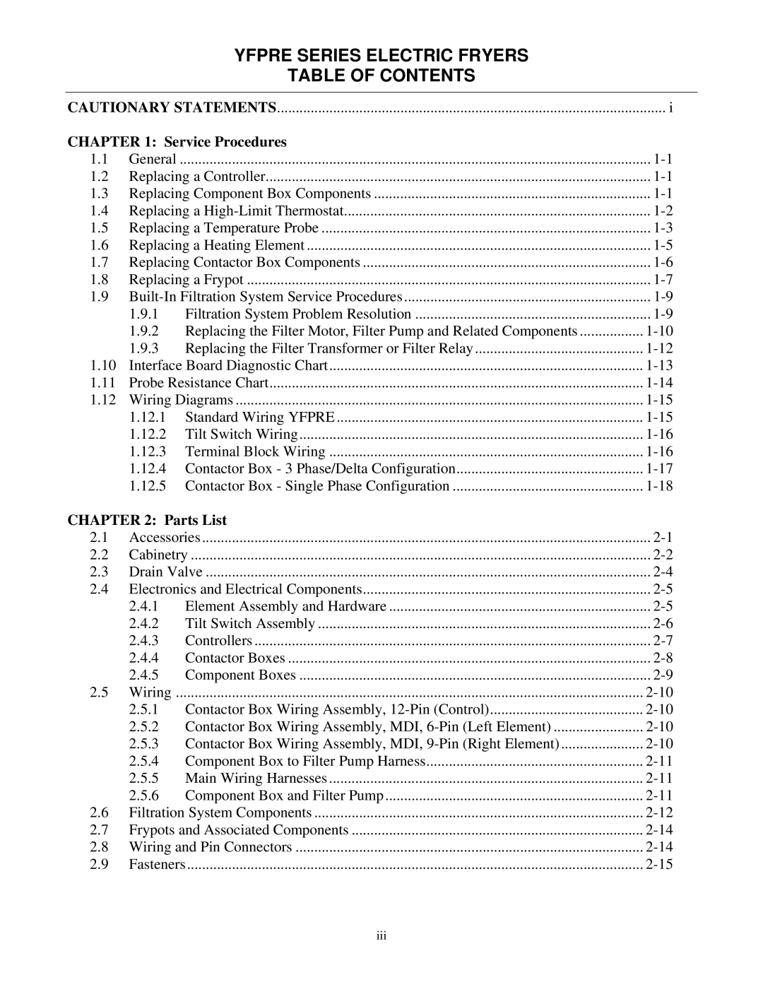 Frymaster 8196428 manual Yfpre Series Electric Fryers Table of Contents 