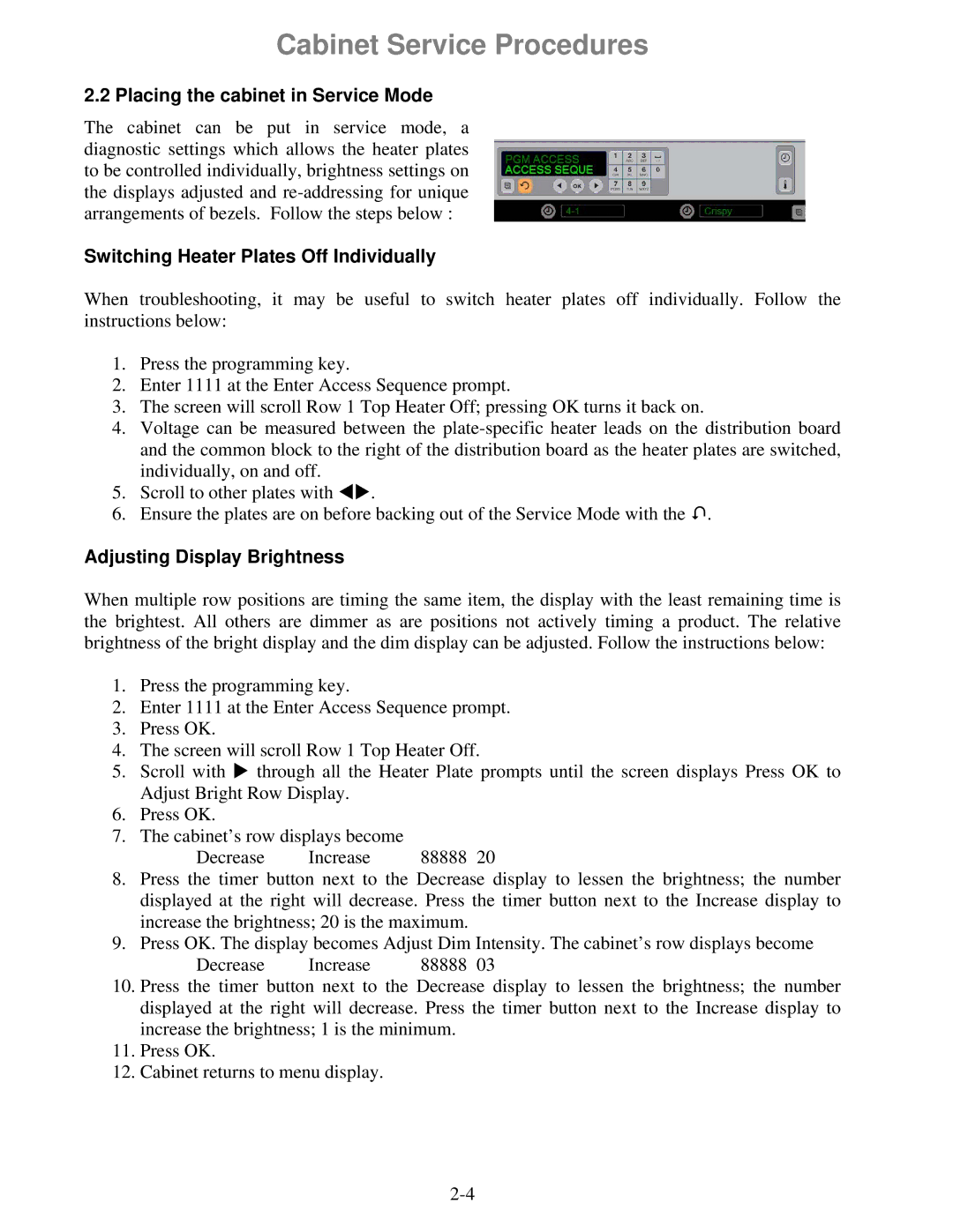 Frymaster 8196606 manual Placing the cabinet in Service Mode, Switching Heater Plates Off Individually 