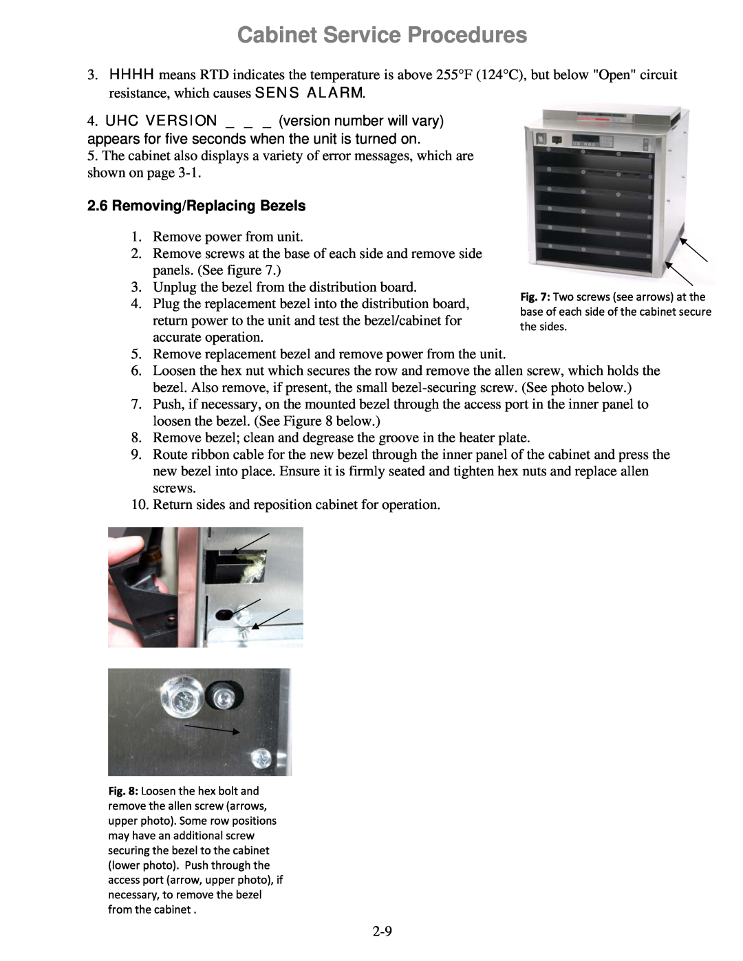 Frymaster 8196606 manual 2.6Removing/Replacing Bezels, Cabinet Service Procedures 