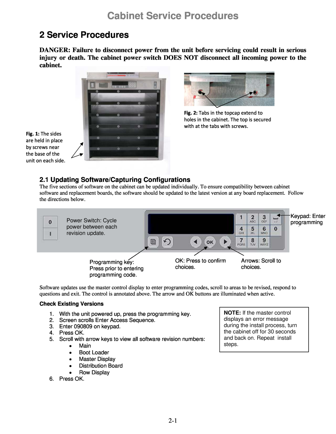 Frymaster 8196606 manual Cabinet Service Procedures, Updating Software/Capturing Configurations, Check Existing Versions 