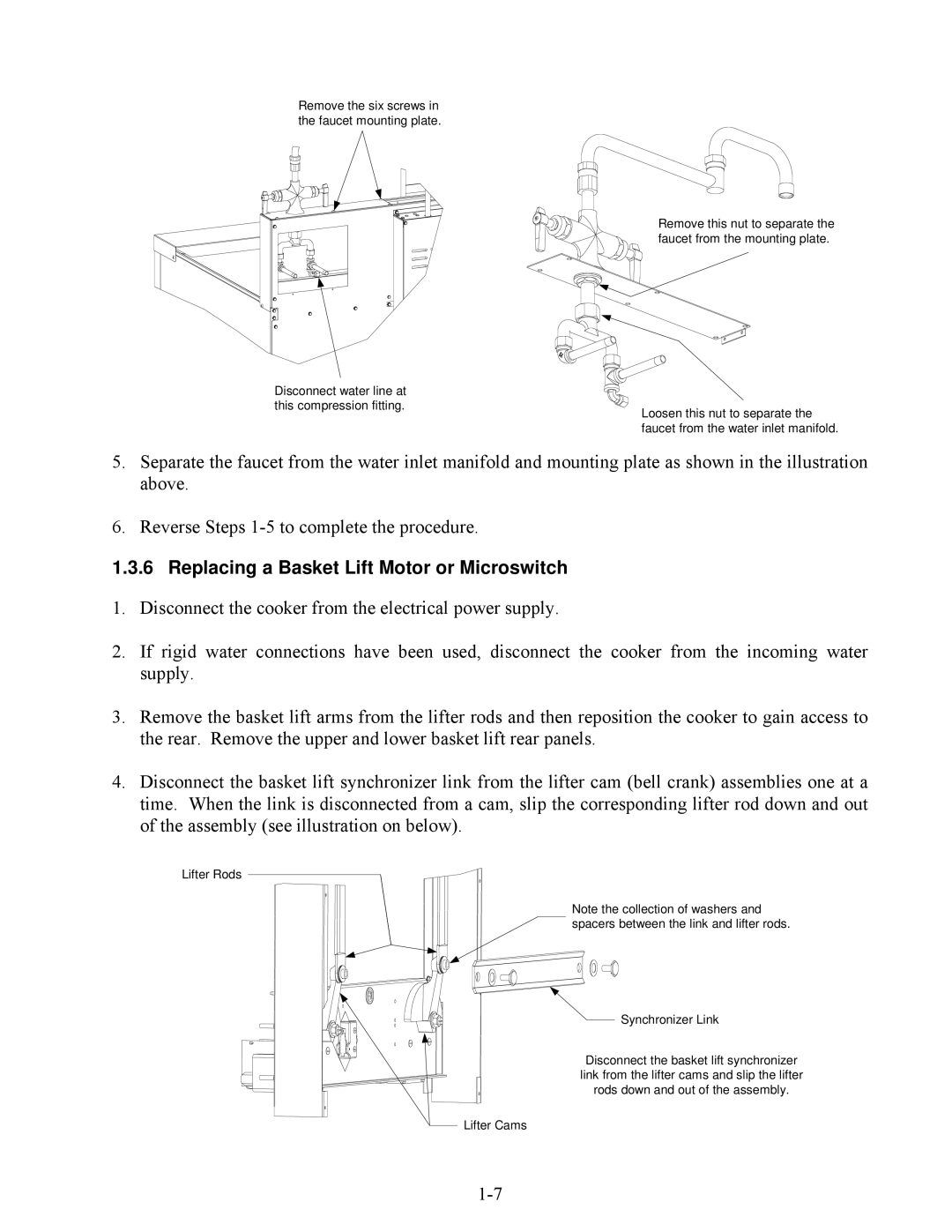 Frymaster 8196692 manual Replacing a Basket Lift Motor or Microswitch, Lifter Rods Synchronizer Link 