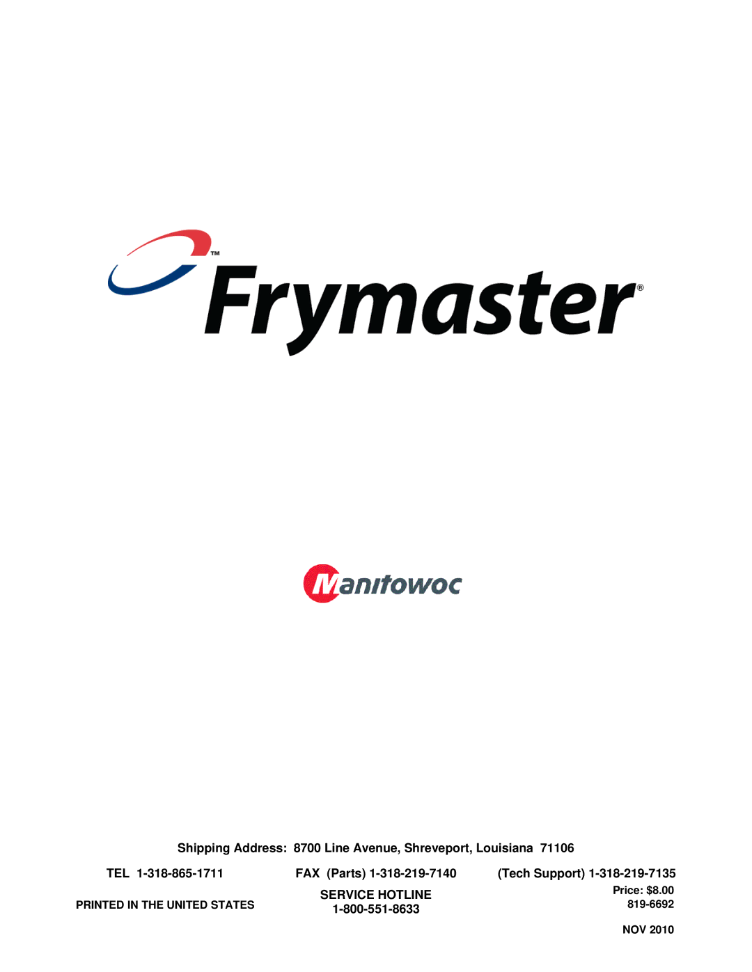 Frymaster 8196692 manual Service Hotline 