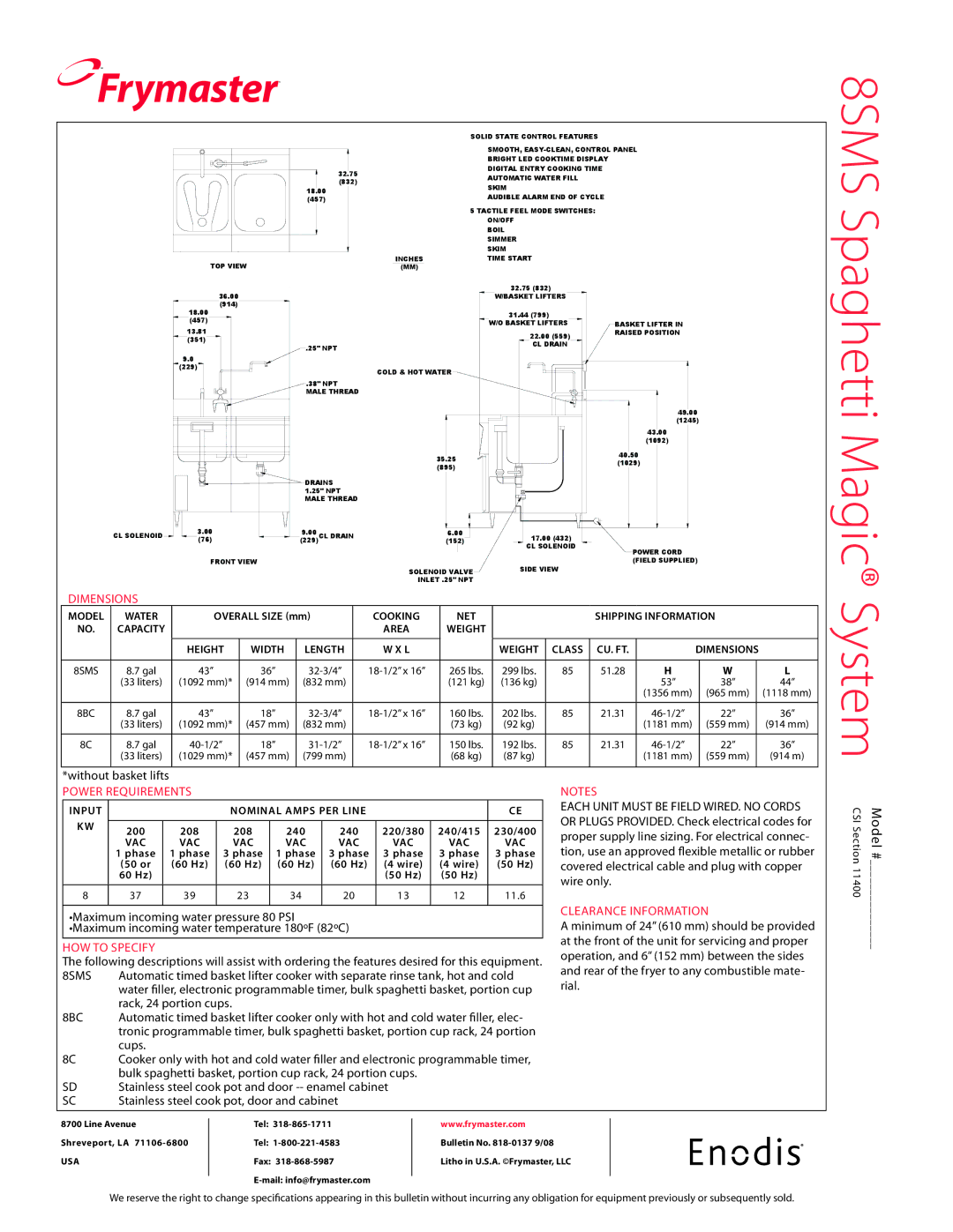 Frymaster 8C specifications 8SMS, 8BC 