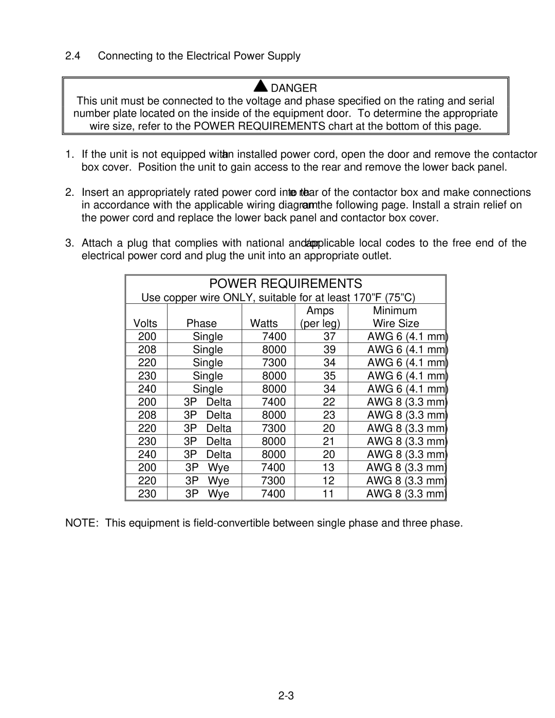 Frymaster 8C, 8SMS, 8BC manual Connecting to the Electrical Power Supply, Watts Per leg Wire Size 