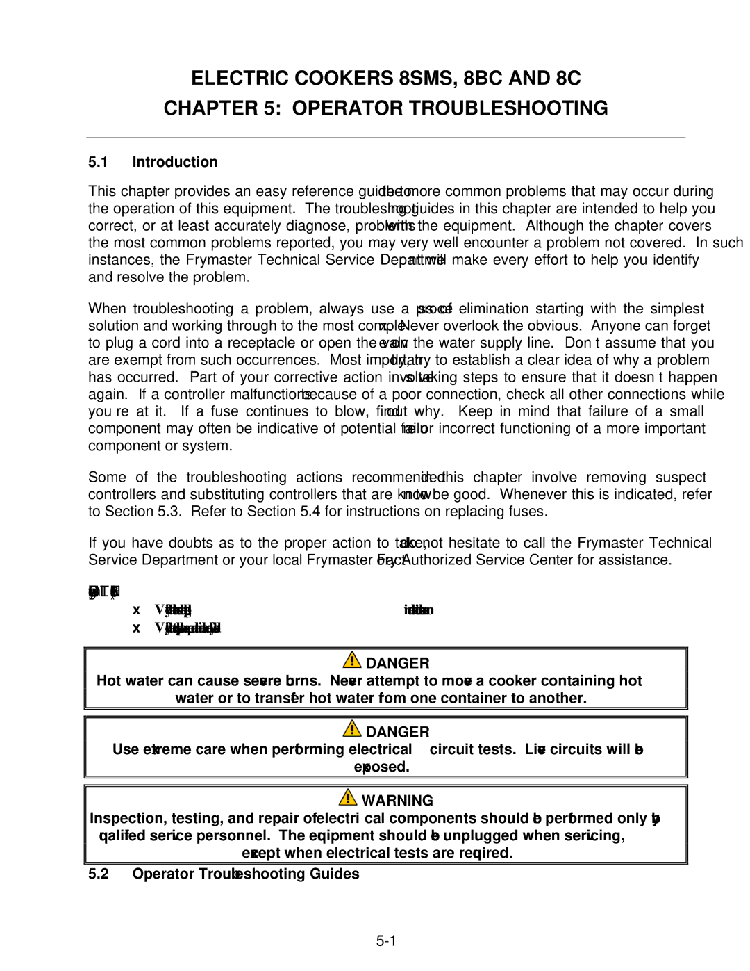 Frymaster manual Electric Cookers 8SMS, 8BC and 8C Operator Troubleshooting 