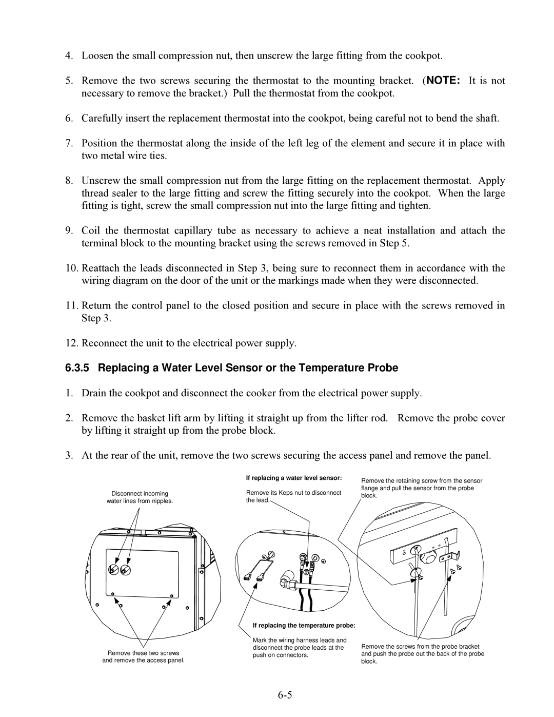 Frymaster 8SMS, 8BC, 8C manual Replacing a Water Level Sensor or the Temperature Probe, If replacing the temperature probe 