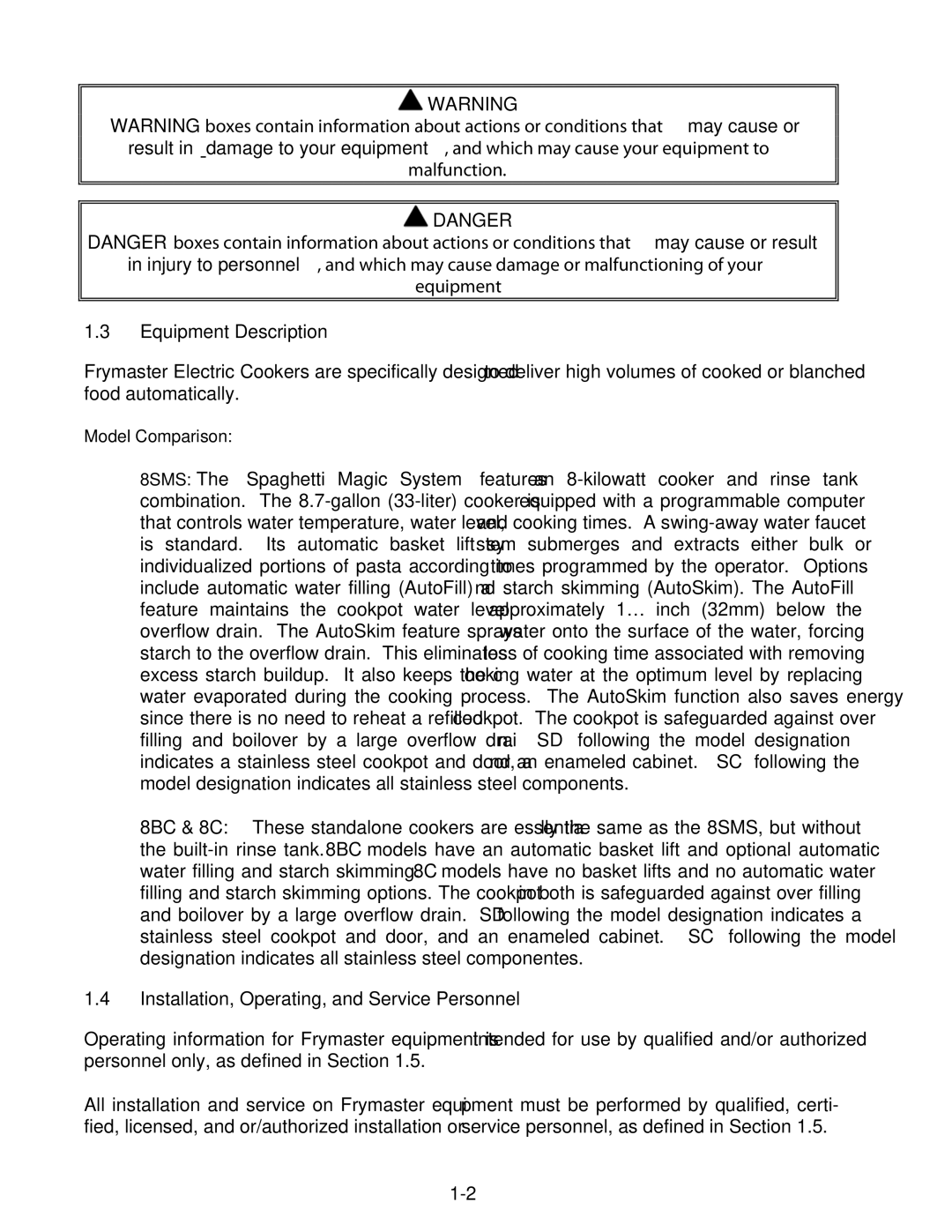Frymaster 8BC, 8SMS, 8C manual Equipment Description, Installation, Operating, and Service Personnel 