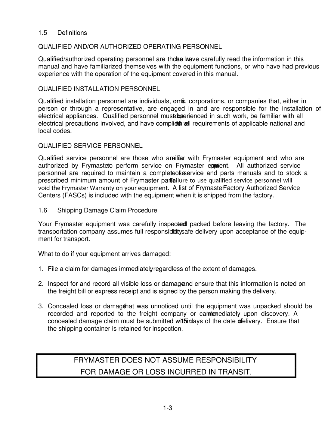 Frymaster 8C, 8SMS, 8BC manual Definitions, Shipping Damage Claim Procedure 