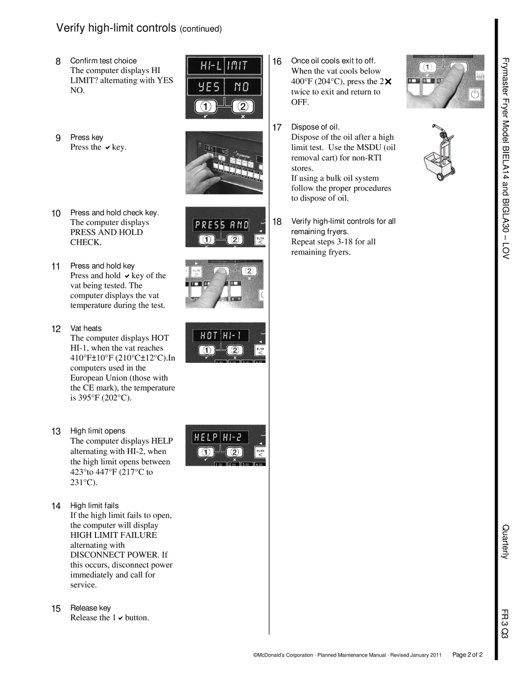 Frymaster BIGLA30, BIELA14 manual Verify high-limit controls 