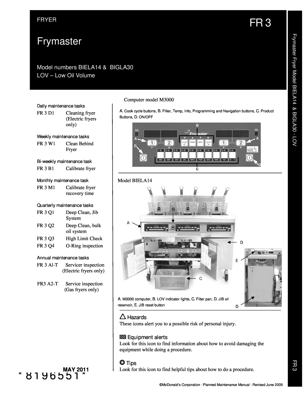 Frymaster warranty Operator’S Manual, FRYMASTER BIELA14 SERIES GEN II LOV, Electric Fryer, 8196442, For Your Safety 