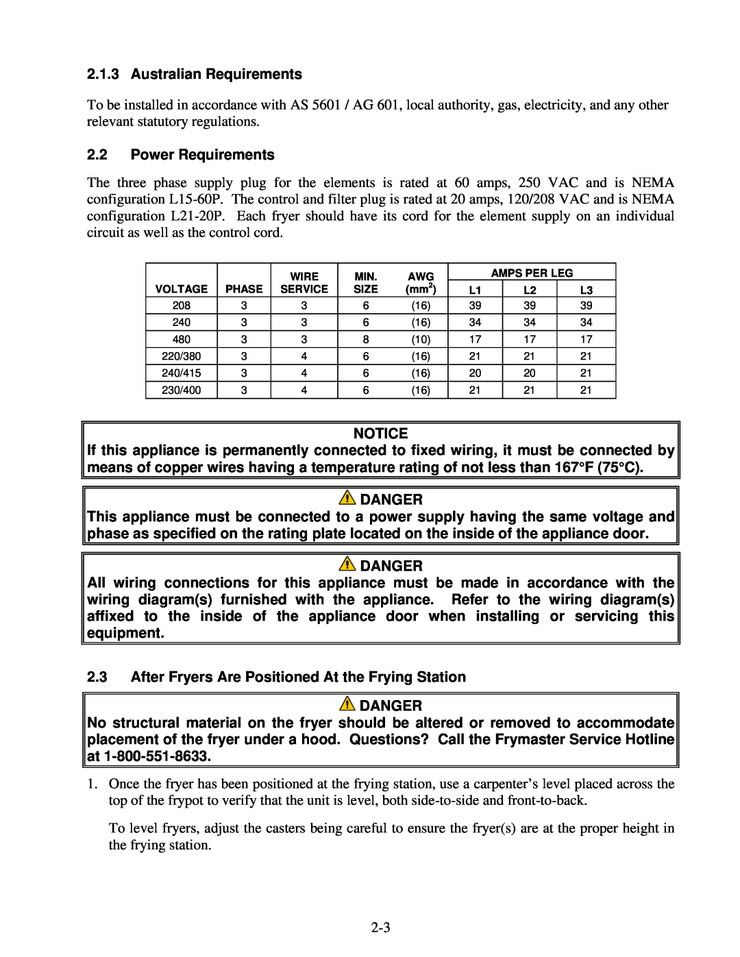 Frymaster BIELA14 warranty Australian Requirements, 2.2Power Requirements, Notice, Danger 