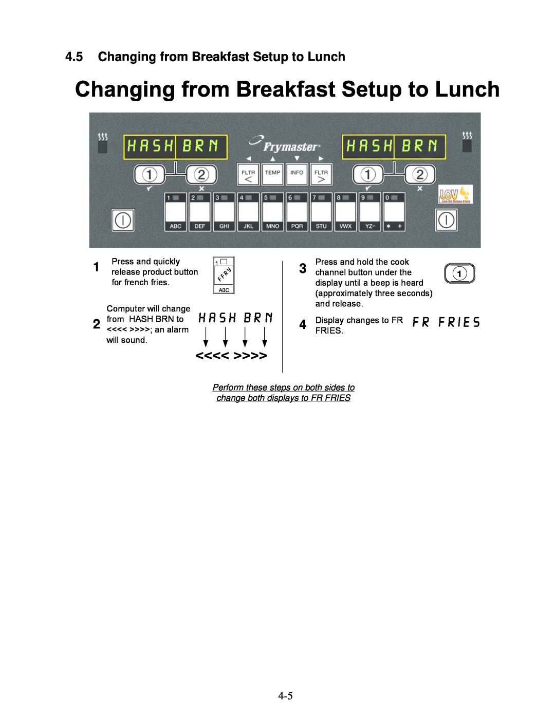 Frymaster BIELA14 warranty <<<< >>>>, 4.5Changing from Breakfast Setup to Lunch, Press and quickly, release product button 