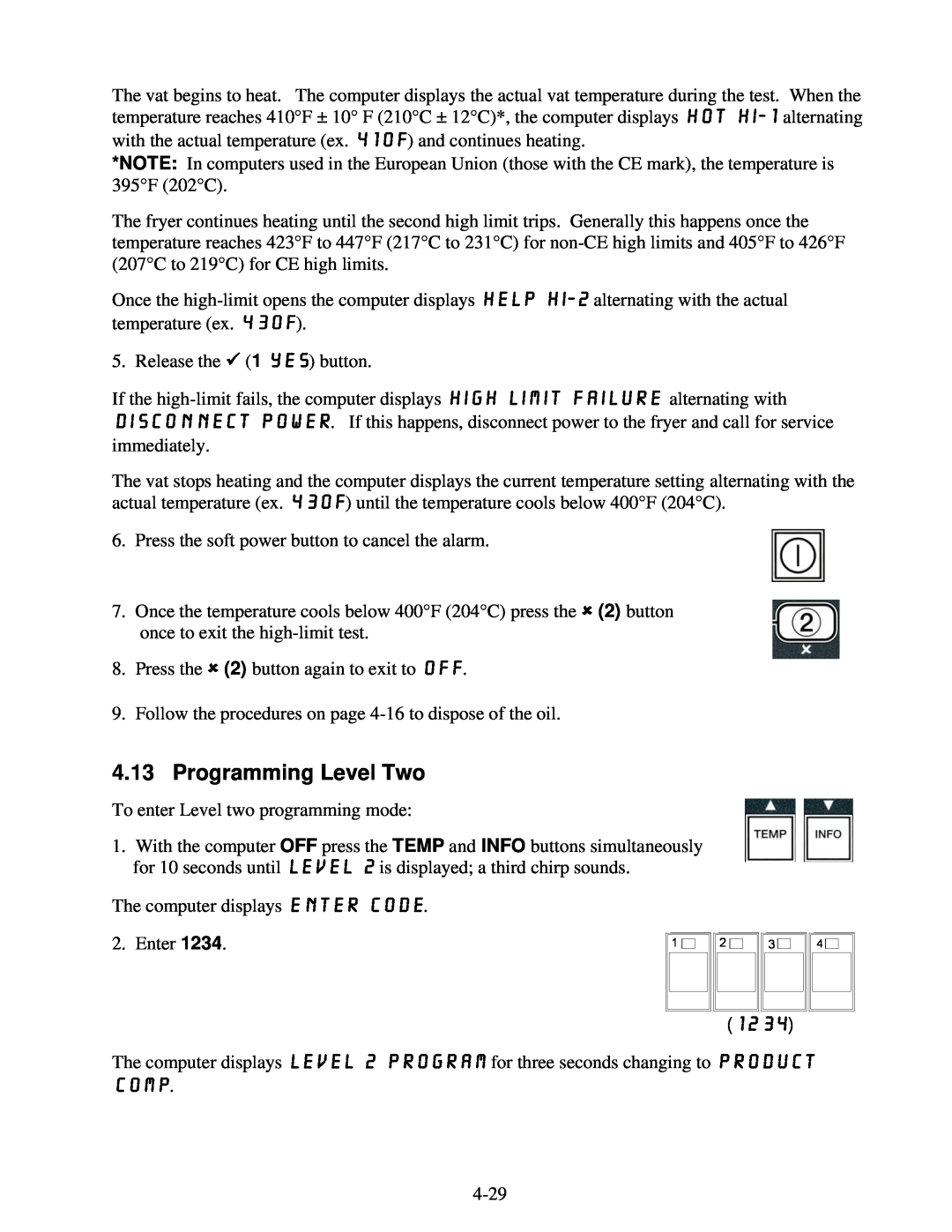 Frymaster BIELA14 warranty Programming Level Two, comp, 1234 