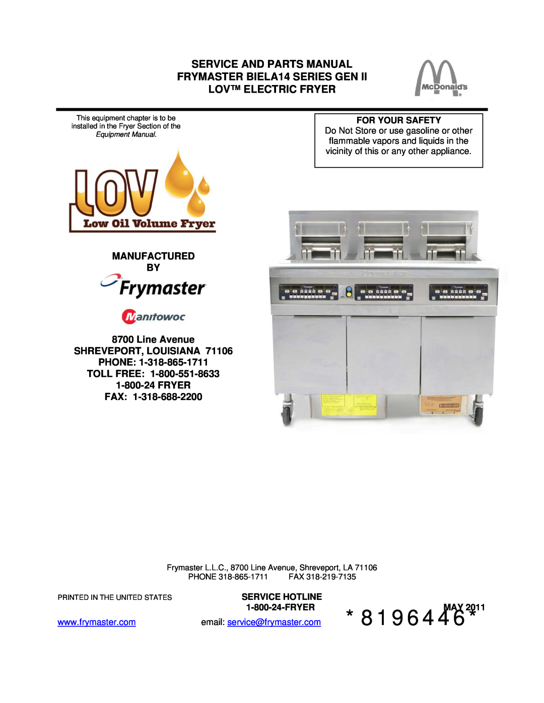 Frymaster manual Service And Parts Manual, FRYMASTER BIELA14 SERIES GEN LOV ELECTRIC FRYER, 8196446, 1-800-24FRYER FAX 