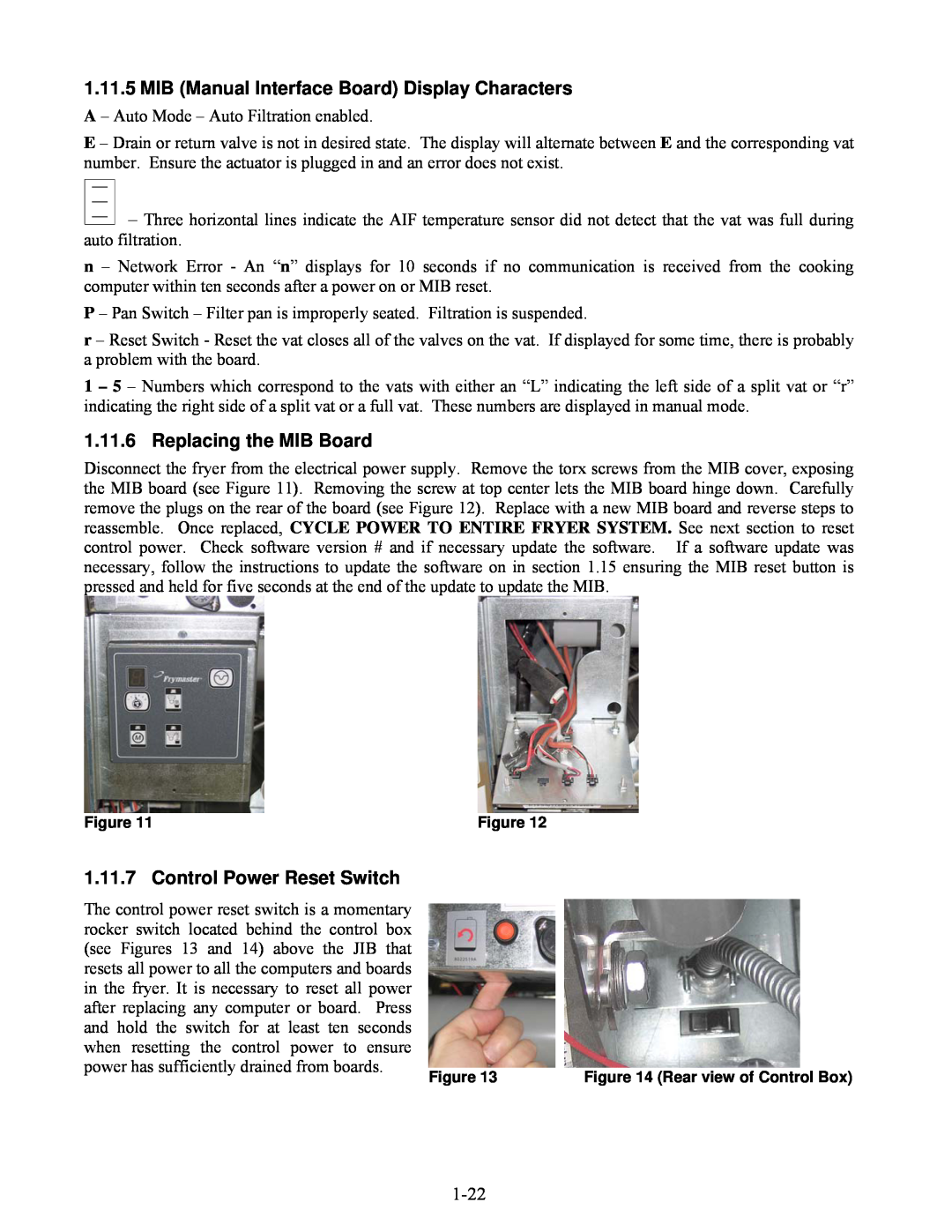 Frymaster BIELA14 manual Replacing the MIB Board, Control Power Reset Switch 