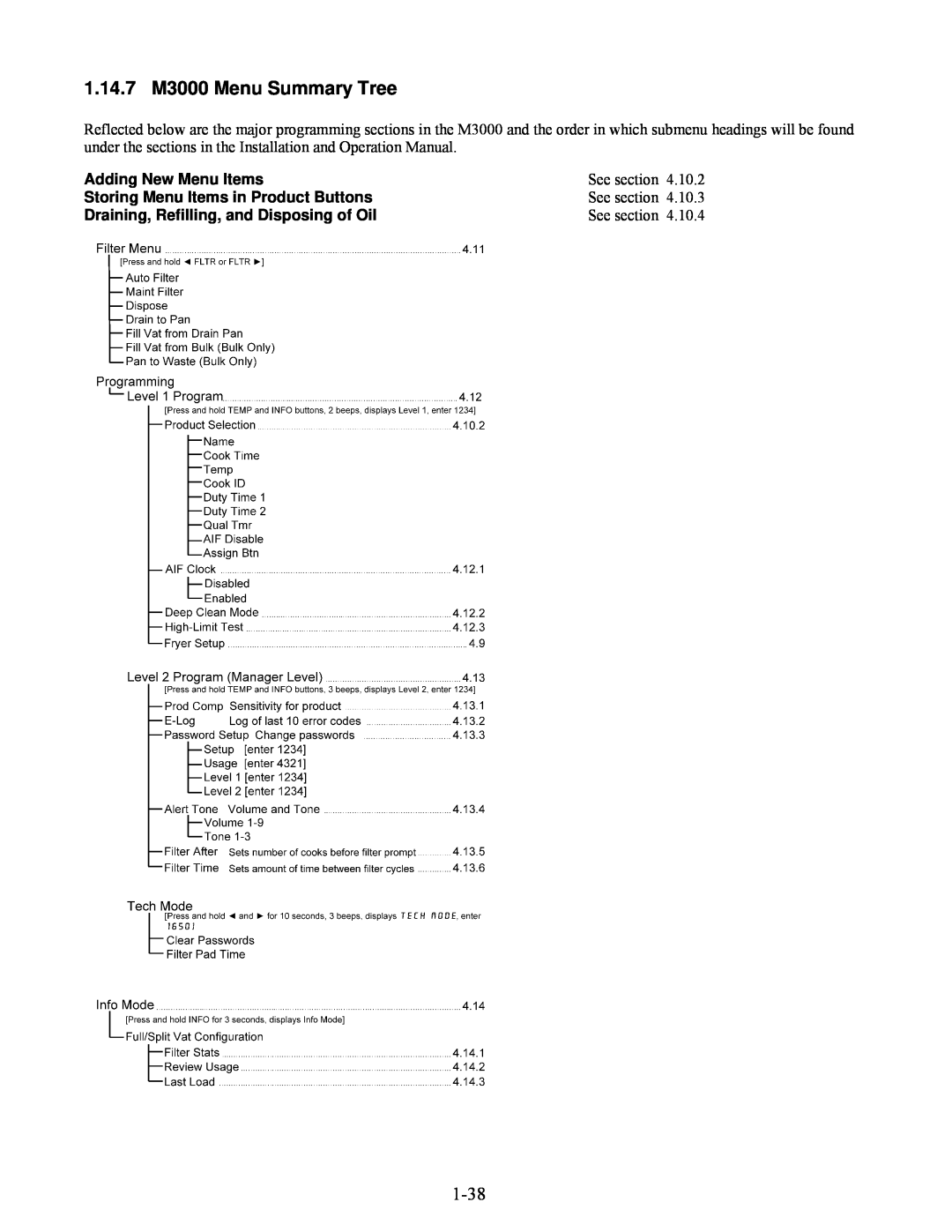 Frymaster BIELA14 manual 1.14.7 M3000 Menu Summary Tree, Adding New Menu Items, Storing Menu Items in Product Buttons 