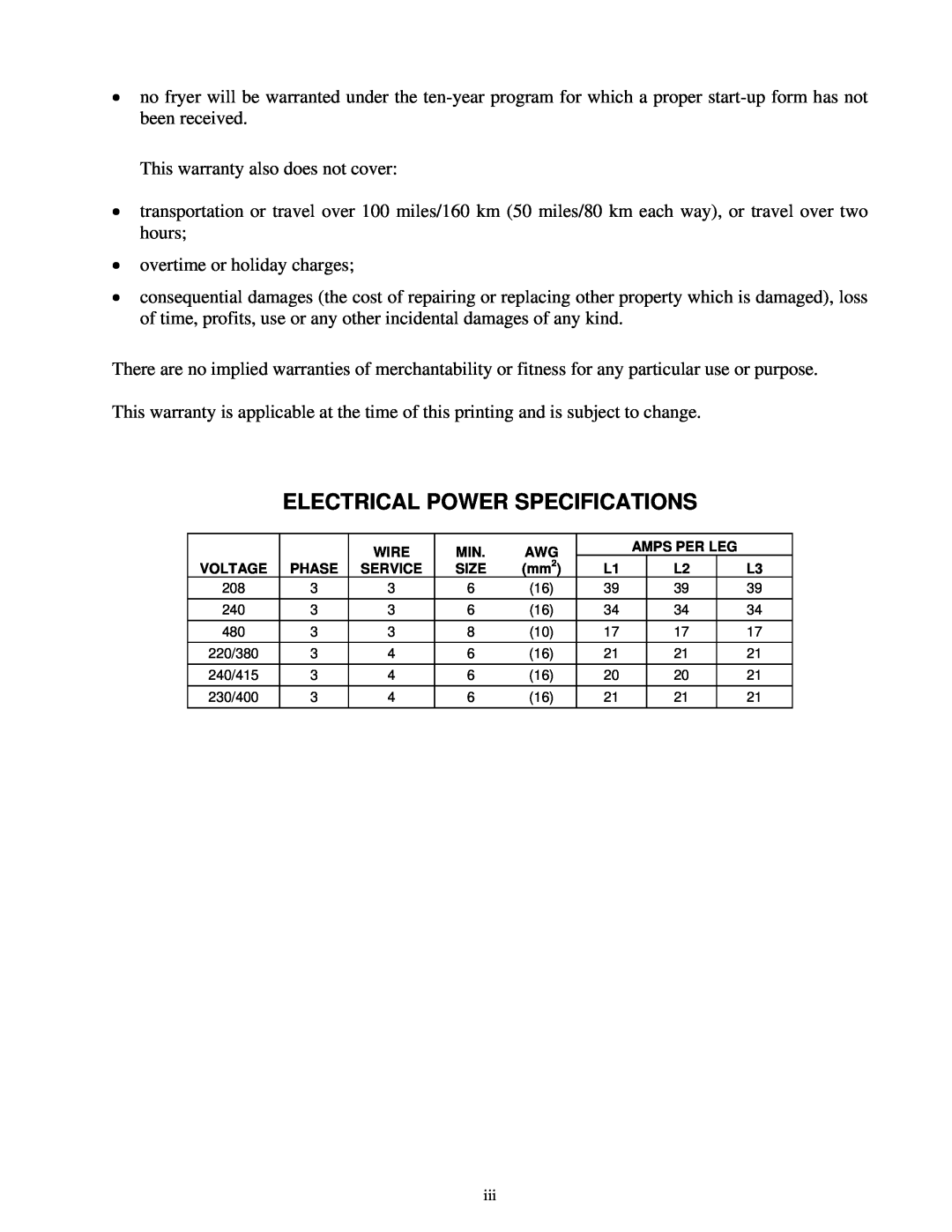 Frymaster BIELA14 manual Electrical Power Specifications 