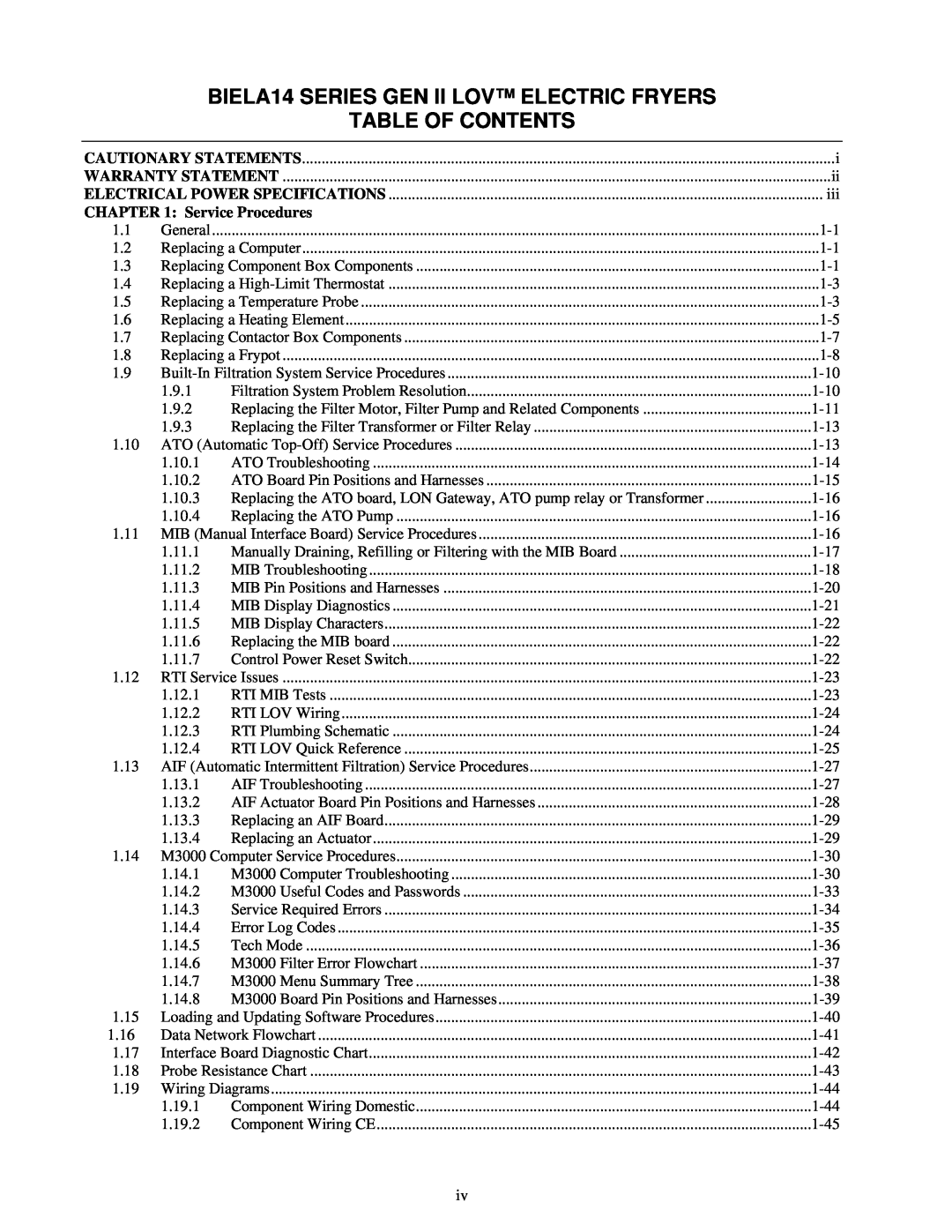 Frymaster manual BIELA14 SERIES GEN II LOV ELECTRIC FRYERS, Table Of Contents, Service Procedures 