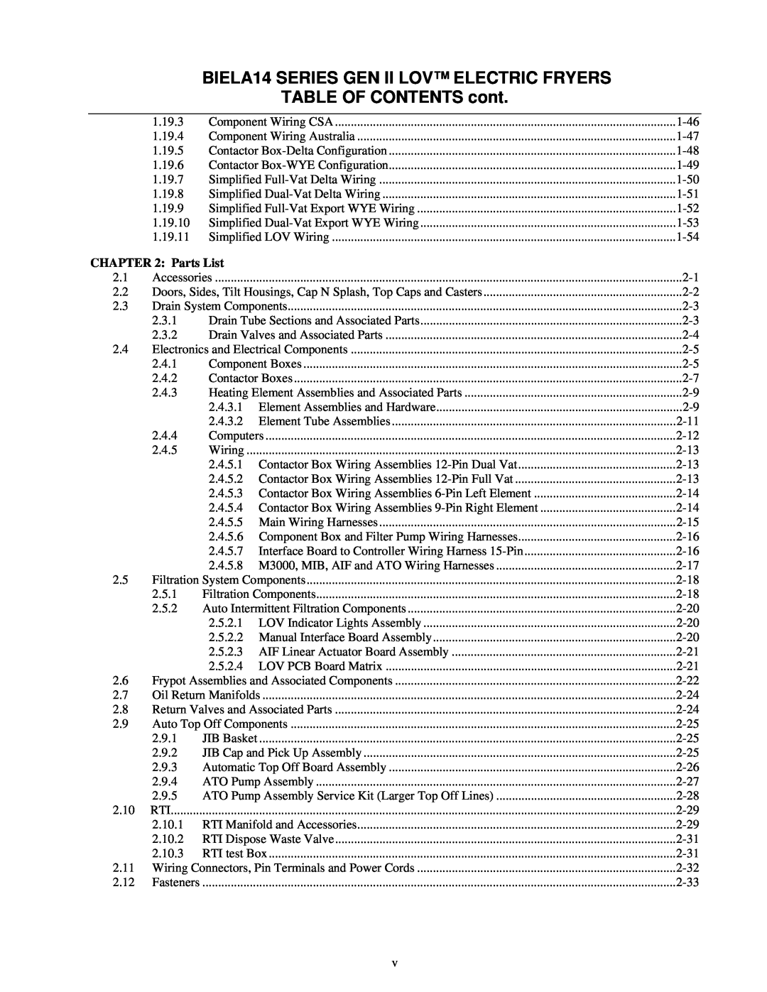 Frymaster manual TABLE OF CONTENTS cont, BIELA14 SERIES GEN II LOV ELECTRIC FRYERS, Parts List 