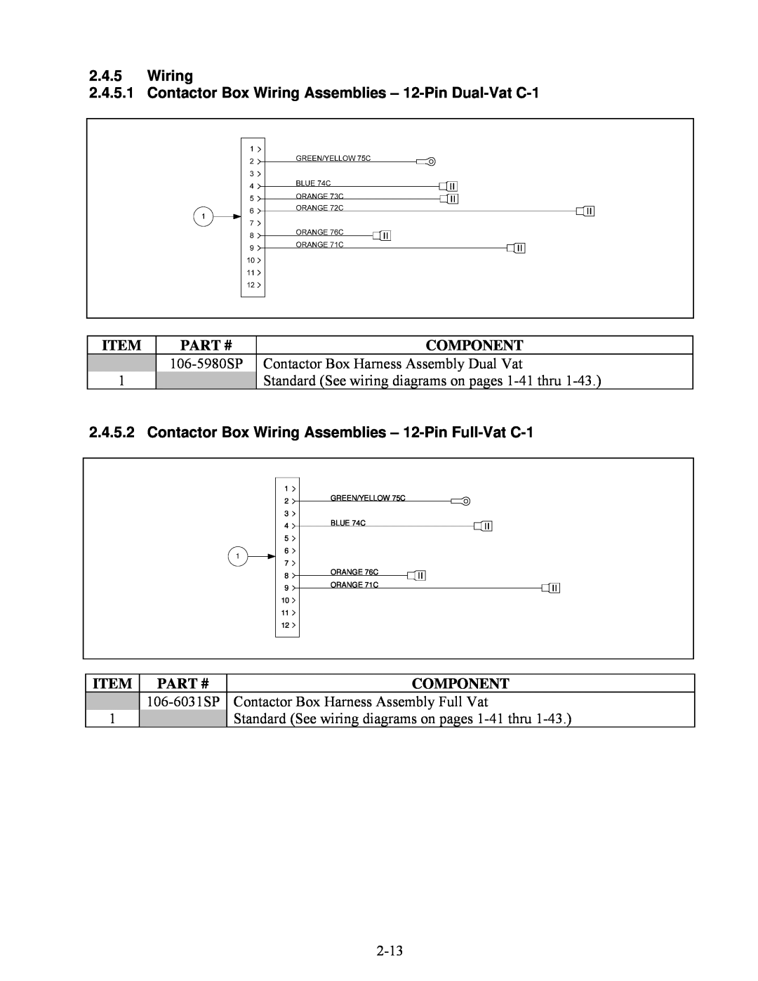 Frymaster BIELA14 manual 2.4.5Wiring, COMPONENT Contactor Box Harness Assembly Dual Vat, Item Part #, Component 