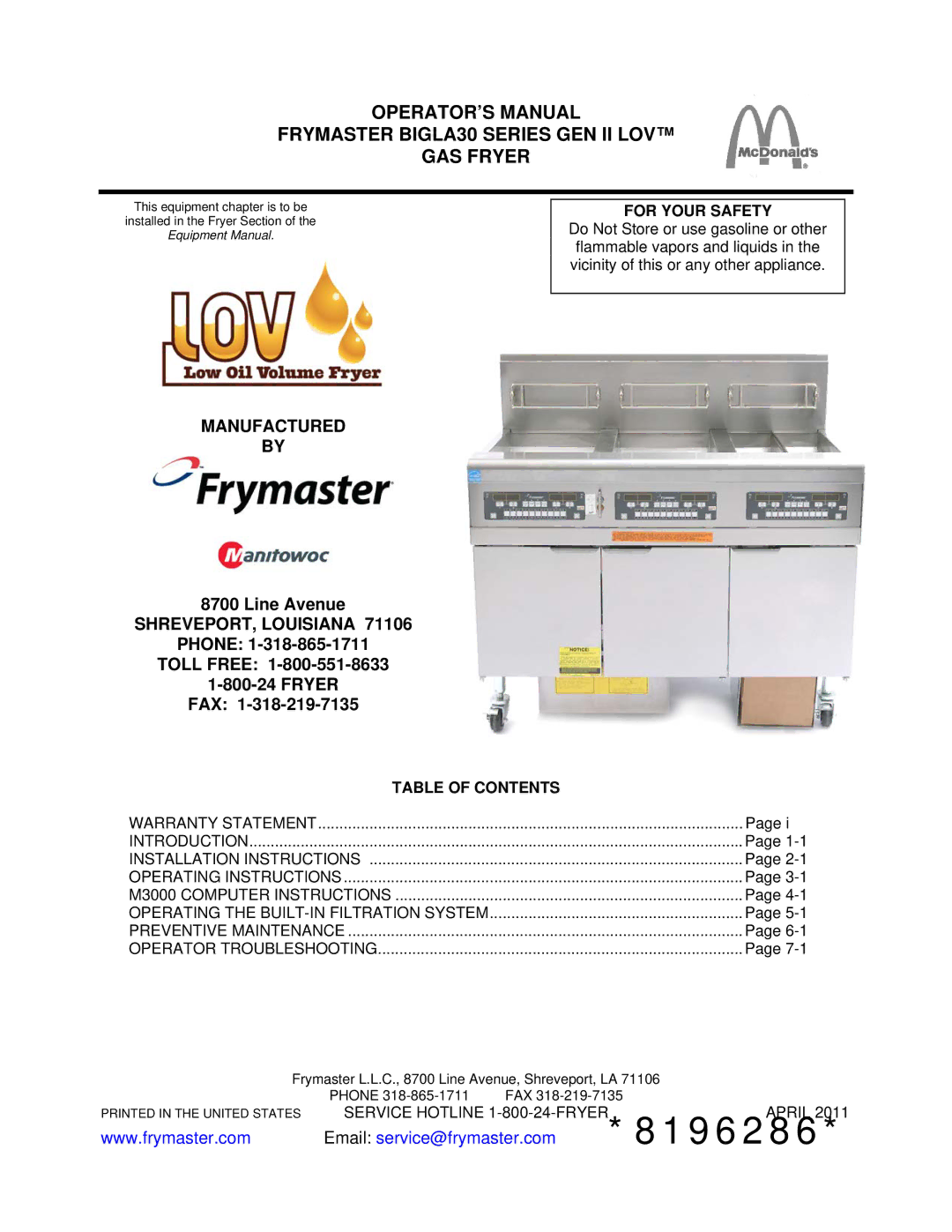 Frymaster BIGLA30 warranty Manufactured 