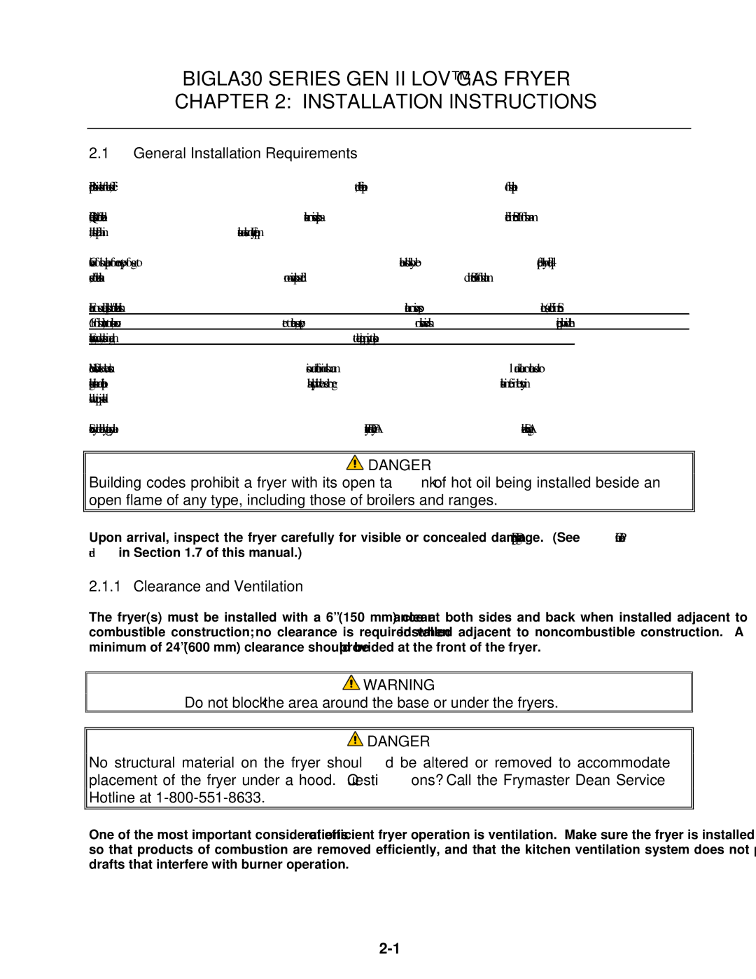 Frymaster BIGLA30 warranty General Installation Requirements, Clearance and Ventilation 