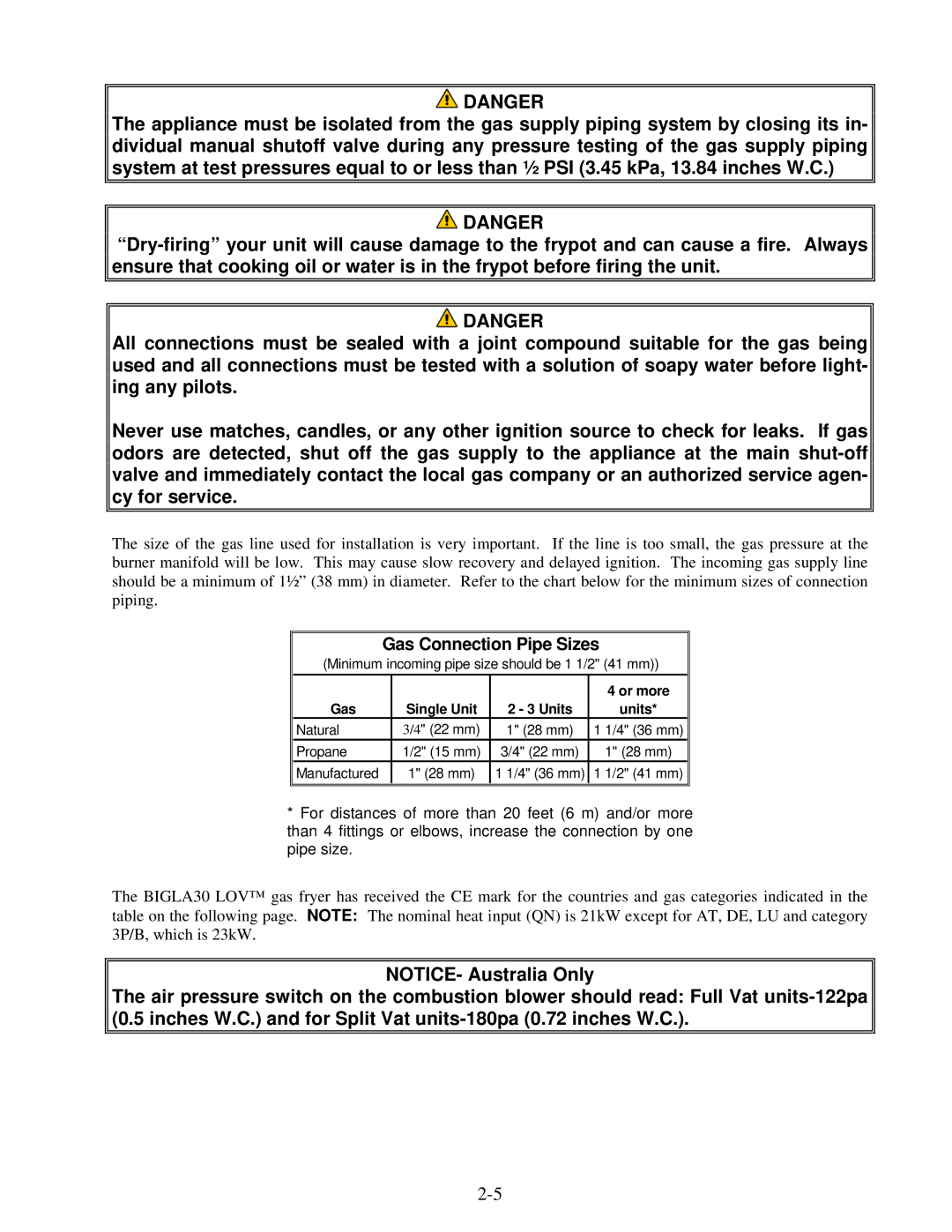 Frymaster BIGLA30 warranty Gas Connection Pipe Sizes 