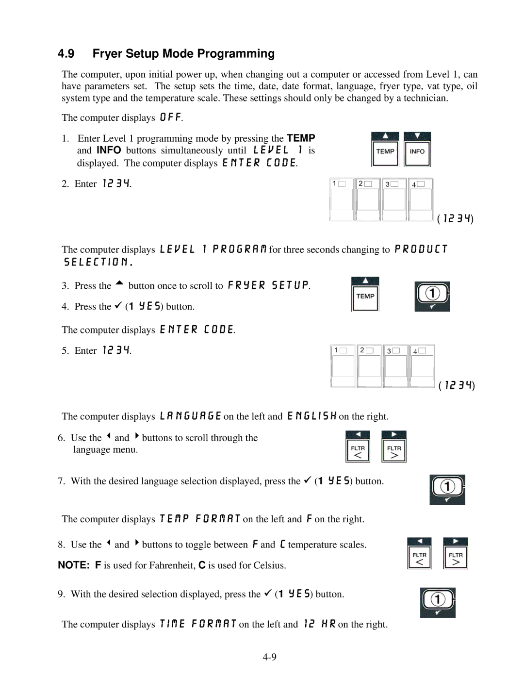 Frymaster BIGLA30 warranty Fryer Setup Mode Programming, 1234 