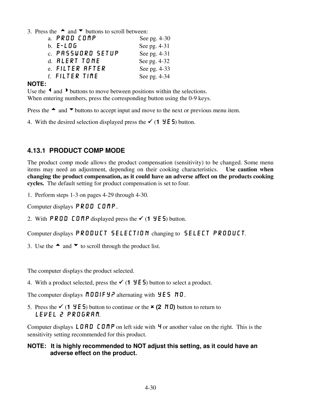 Frymaster BIGLA30 warranty Product Comp Mode, Level 2 Program 