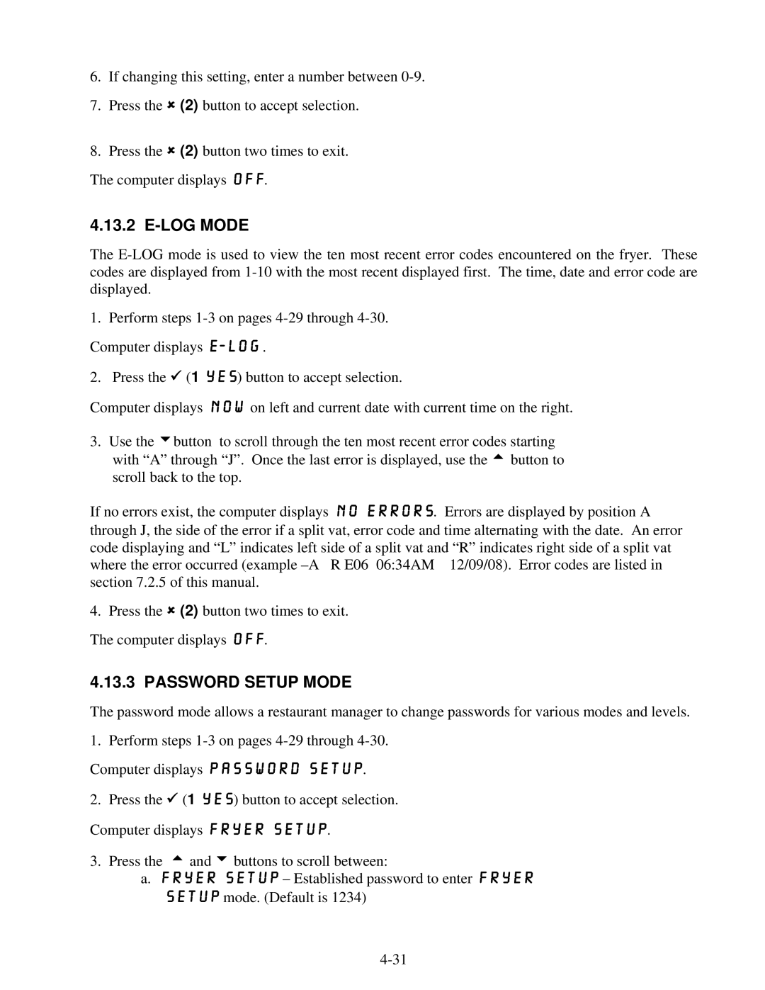 Frymaster BIGLA30 warranty LOG Mode, Password Setup Mode 