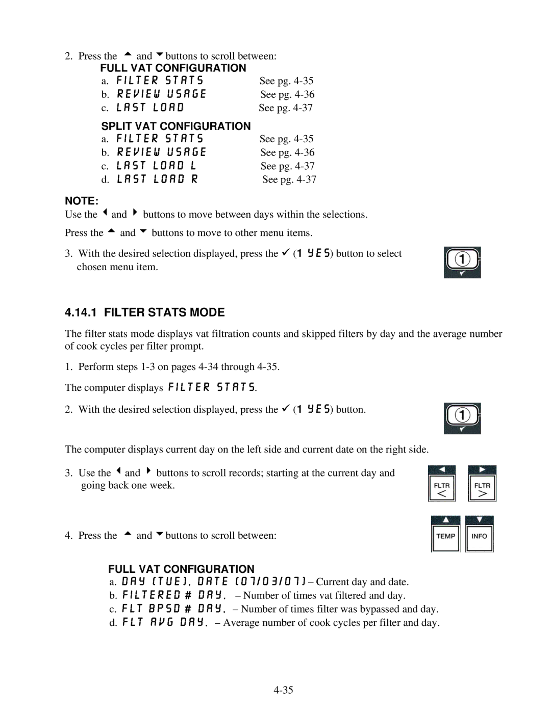 Frymaster BIGLA30 warranty Filter Stats Mode, Full VAT Configuration, Split VAT Configuration 