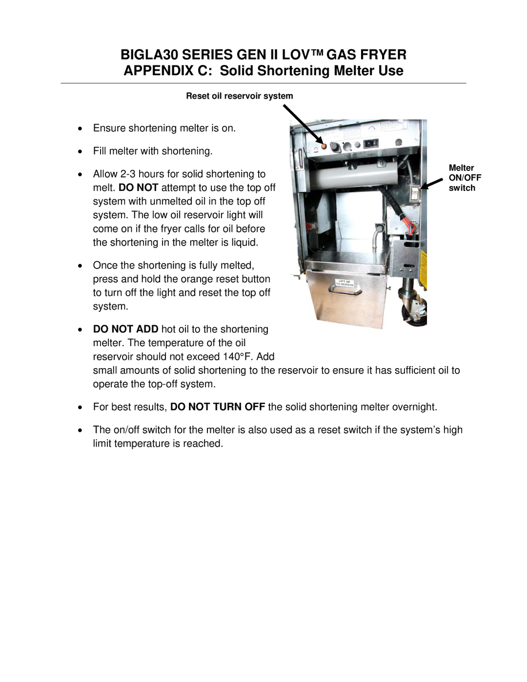 Frymaster BIGLA30 warranty Reset oil reservoir system 