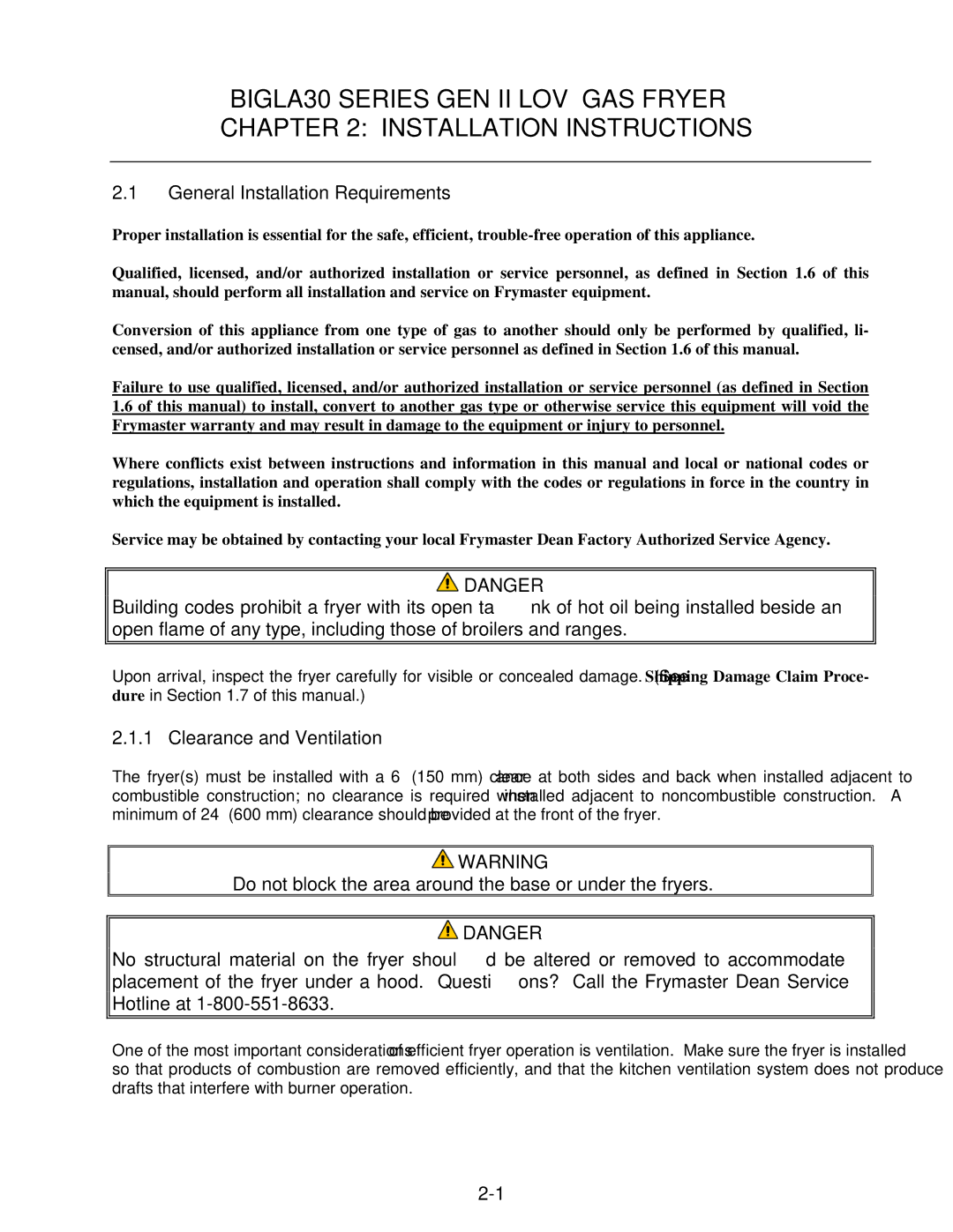 Frymaster BIGLA30 warranty General Installation Requirements, Clearance and Ventilation 