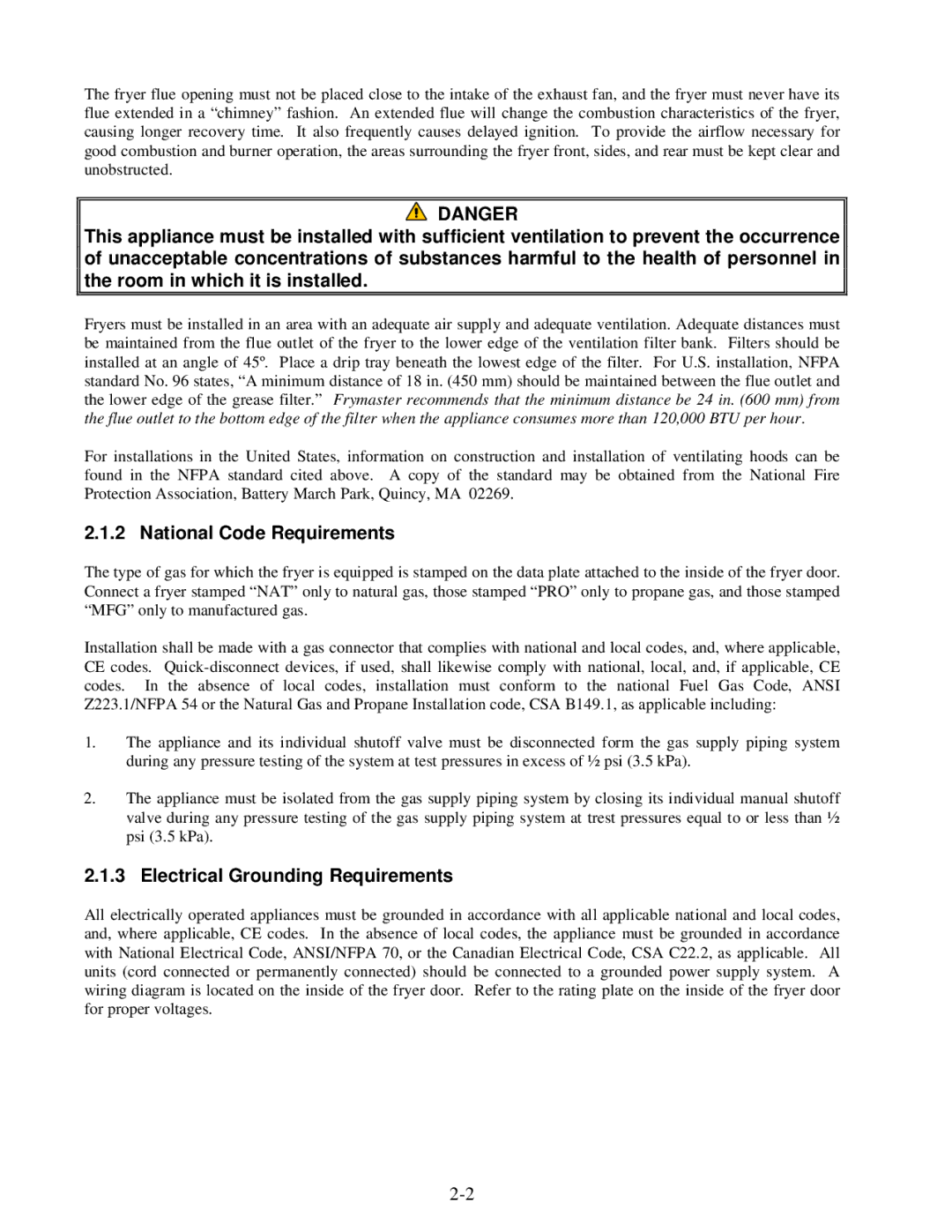Frymaster BIGLA30 warranty National Code Requirements, Electrical Grounding Requirements 