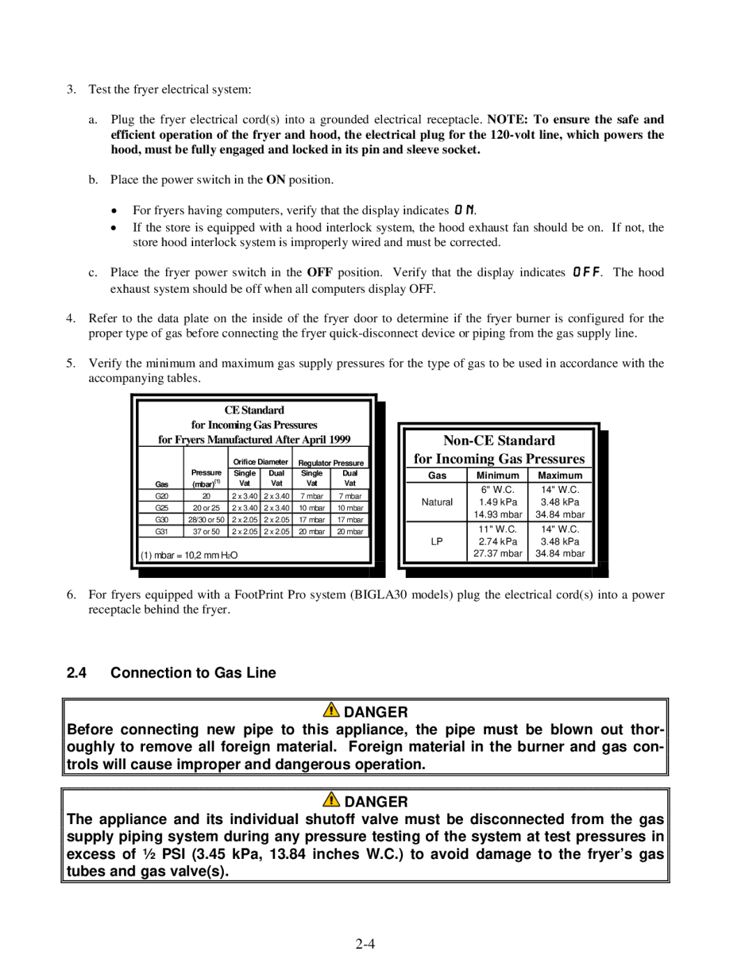 Frymaster BIGLA30 warranty Non-CE Standard For Incoming Gas Pressures 