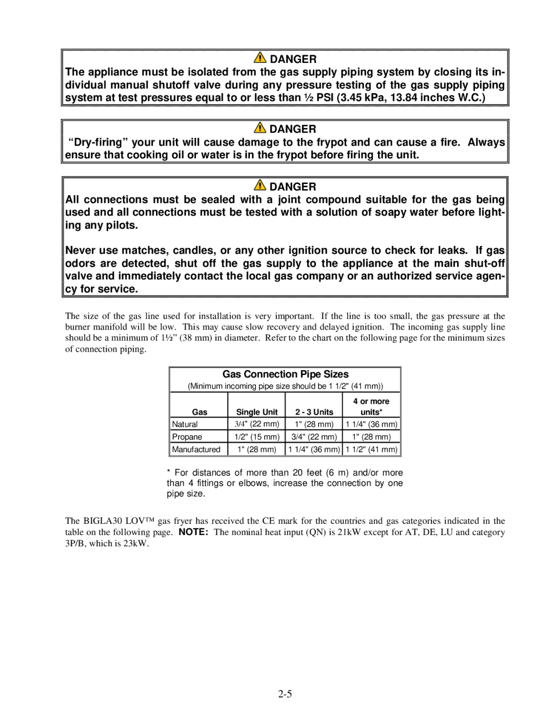 Frymaster BIGLA30 warranty Gas Connection Pipe Sizes 