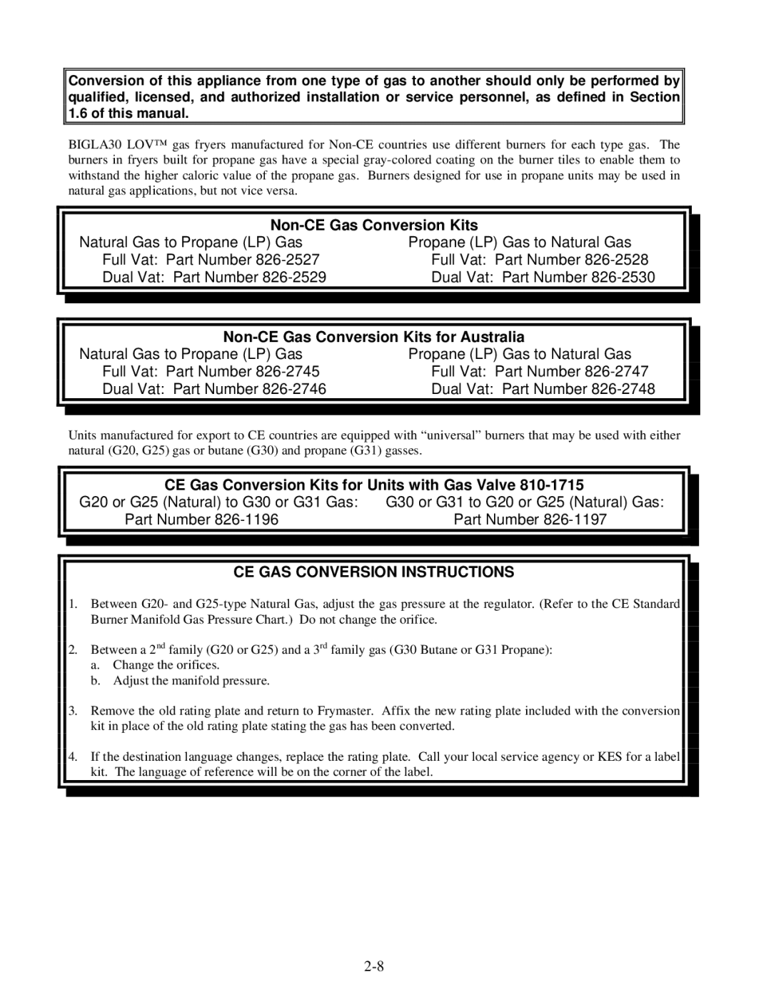 Frymaster BIGLA30 warranty Non-CE Gas Conversion Kits for Australia, CE Gas Conversion Kits for Units with Gas Valve 