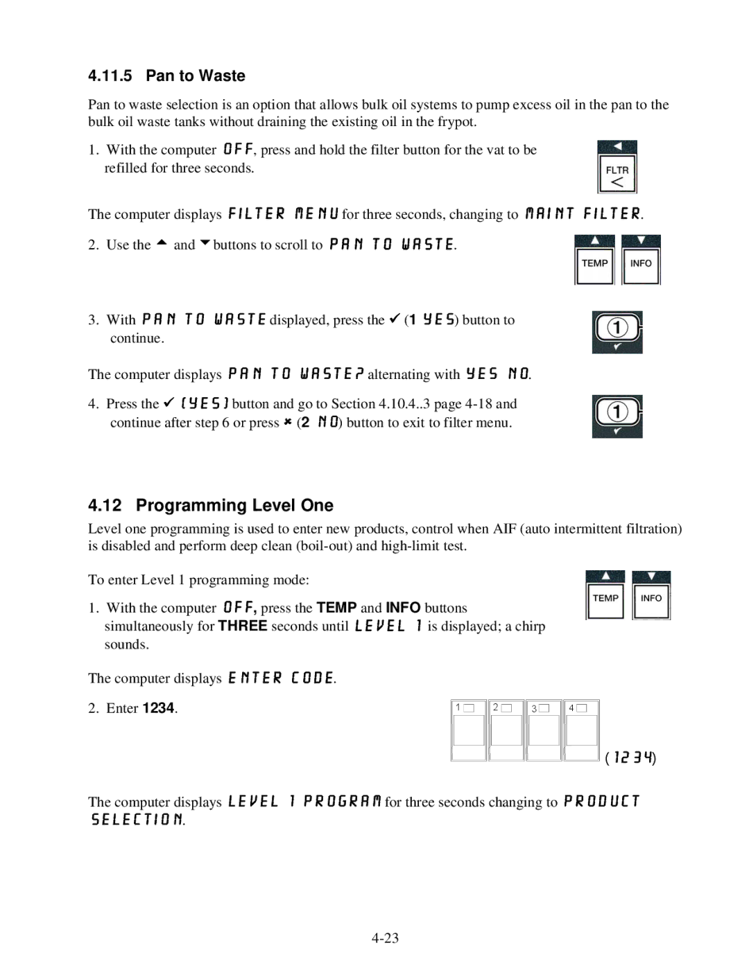 Frymaster BIGLA30 warranty Programming Level One, Pan to Waste 