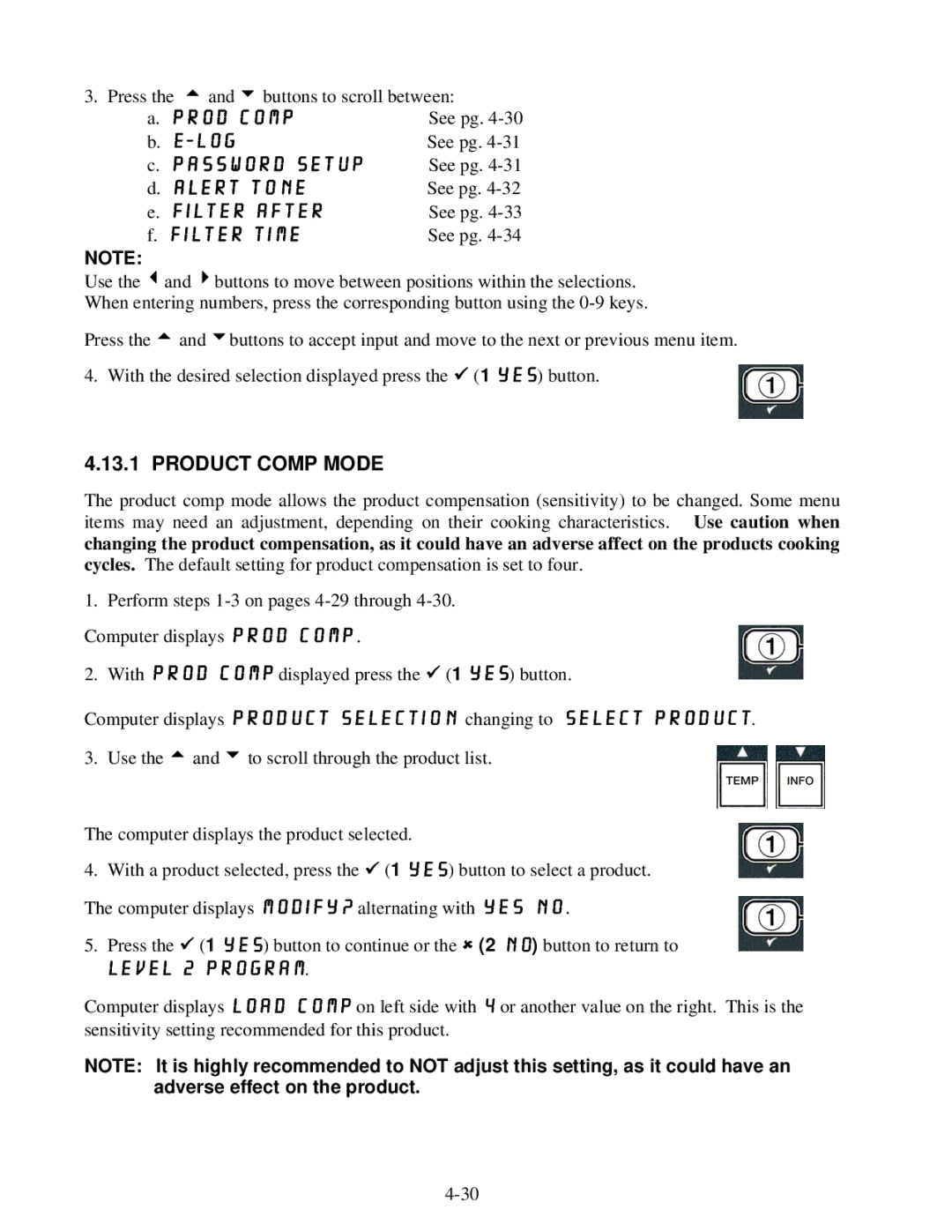 Frymaster BIGLA30 warranty Product Comp Mode, Level 2 Program 