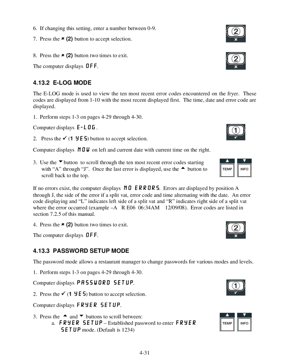 Frymaster BIGLA30 warranty LOG Mode, Password Setup Mode 